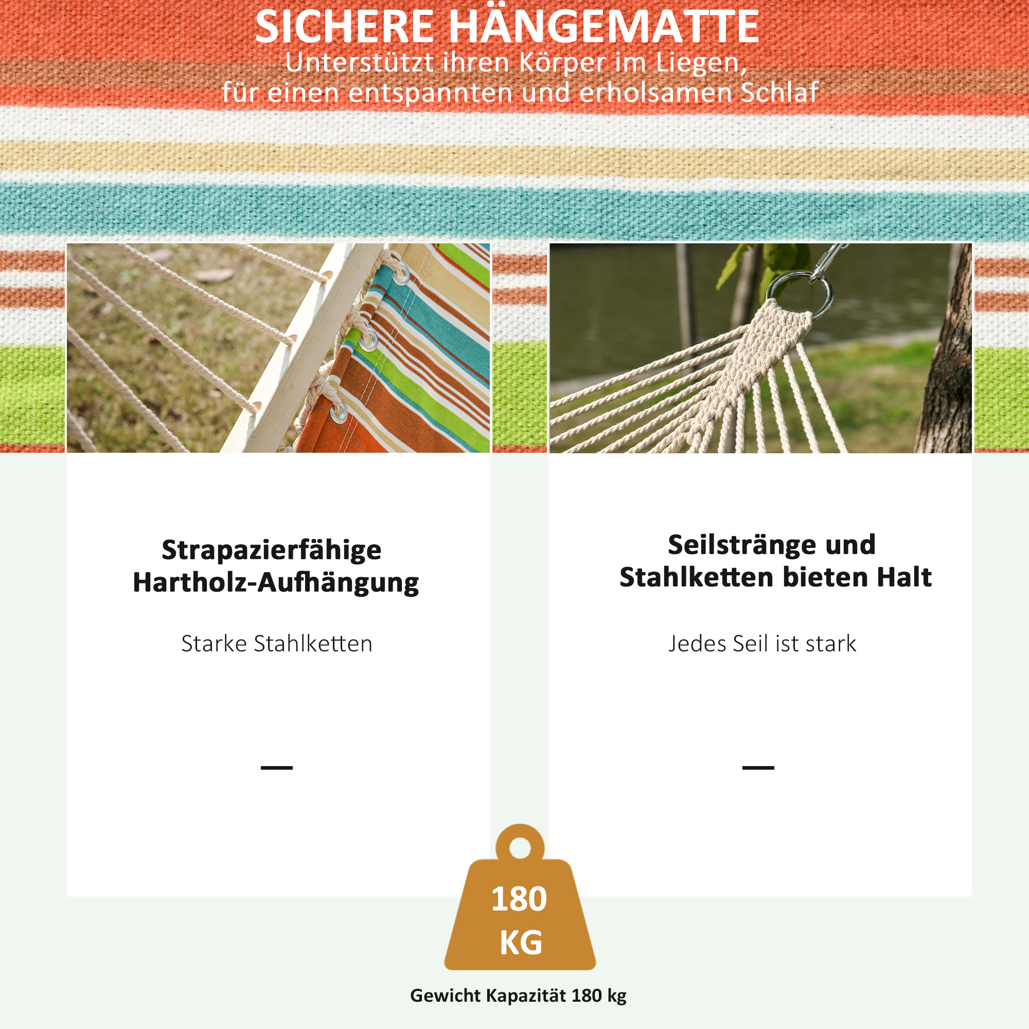 Eine Hängematte mit deutschem Text, die ihre Eigenschaften und eine Tragfähigkeit von 180 kg zeigt.