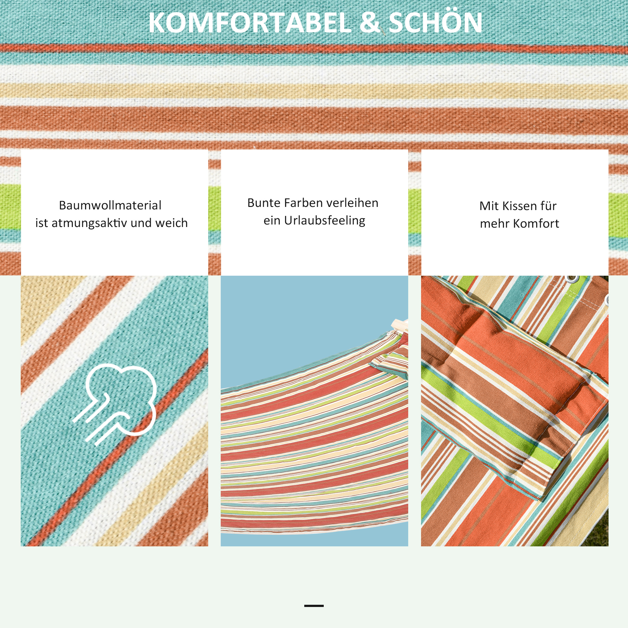 Nahaufnahme eines gestreiften Stoffes mit Text zu Komfort und Materialien.