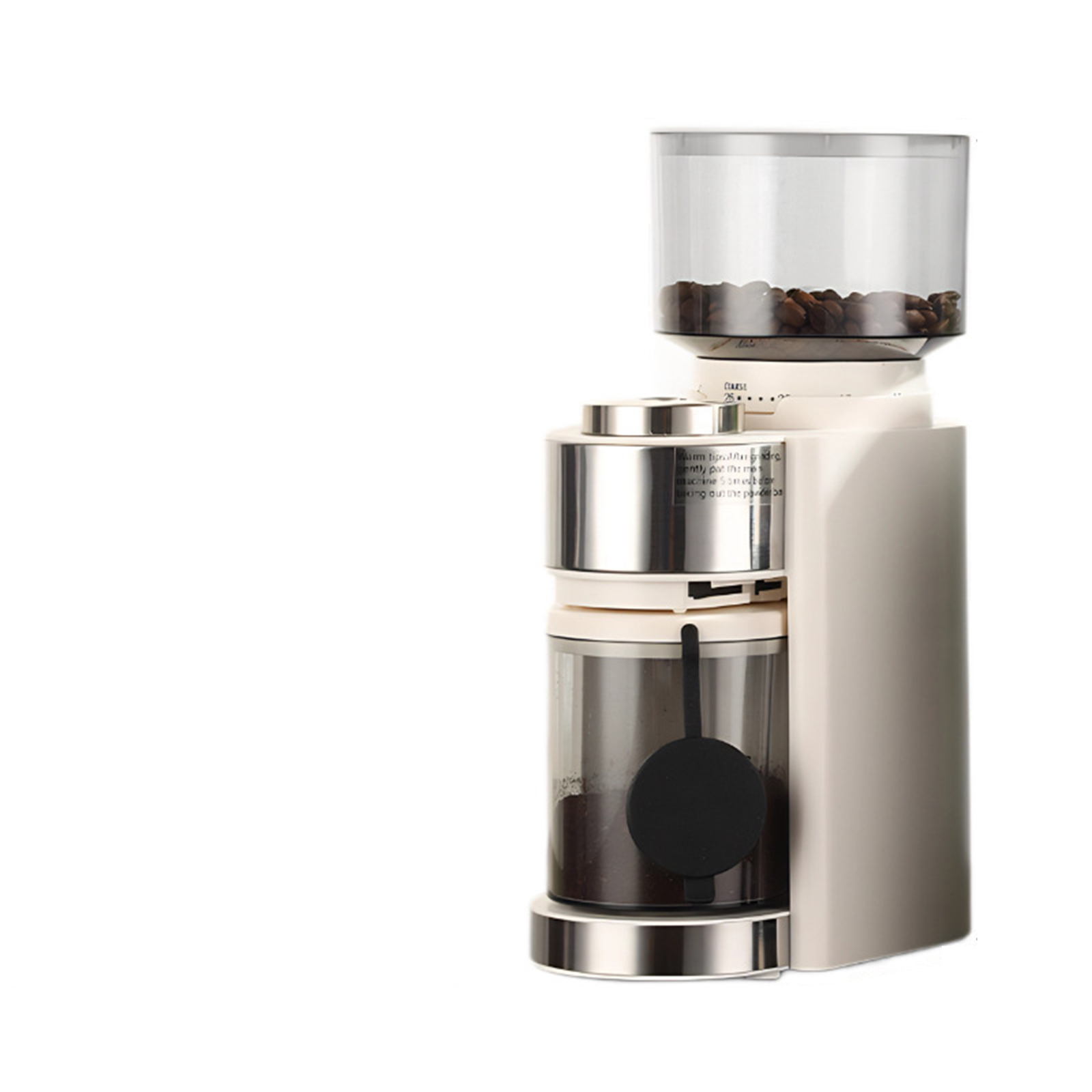 Kaffeemühle, beige Farbe, mit transparentem Behälter und Kaffeebohnen.