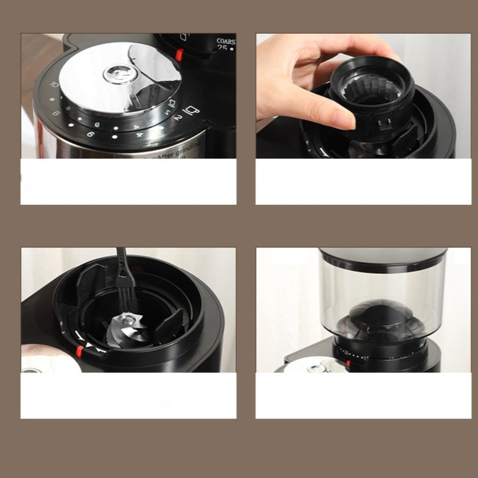 Vier Bilder, die verschiedene Teile einer Kaffeemühle beim Zerlegen und Reinigen zeigen.