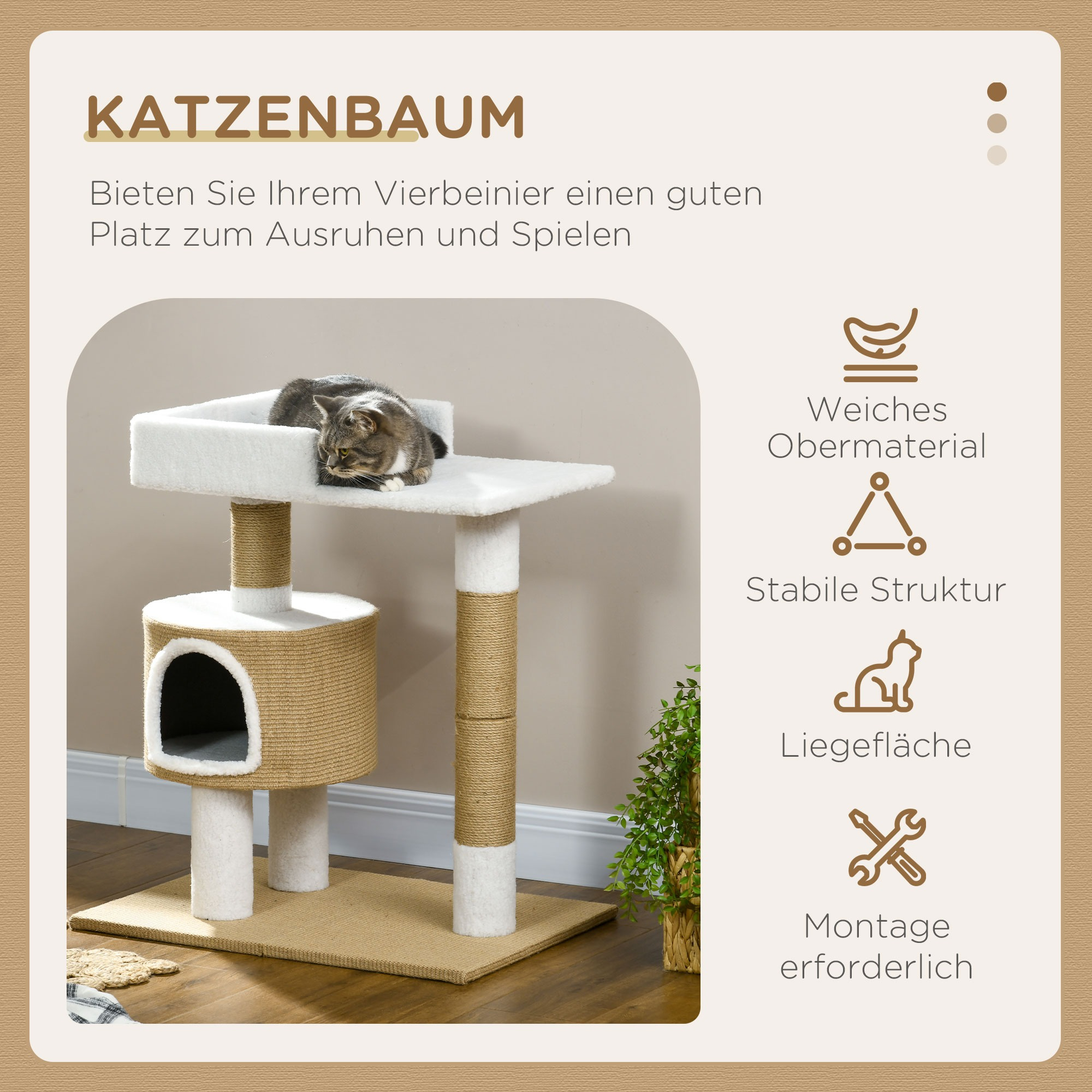 Katzenbaum mit Katze oben, umgeben von Illustrationen und Text auf Deutsch.