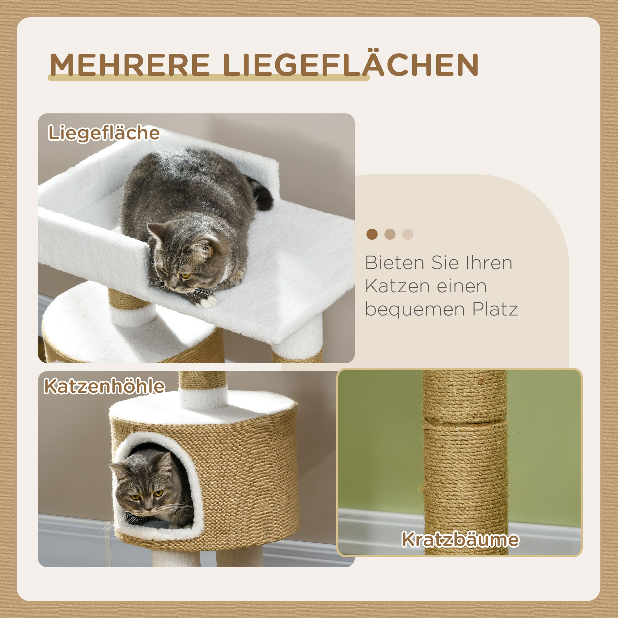 Ein Katzenbaum mit zwei Katzen, eine in einem Bett und eine in einer Höhle.