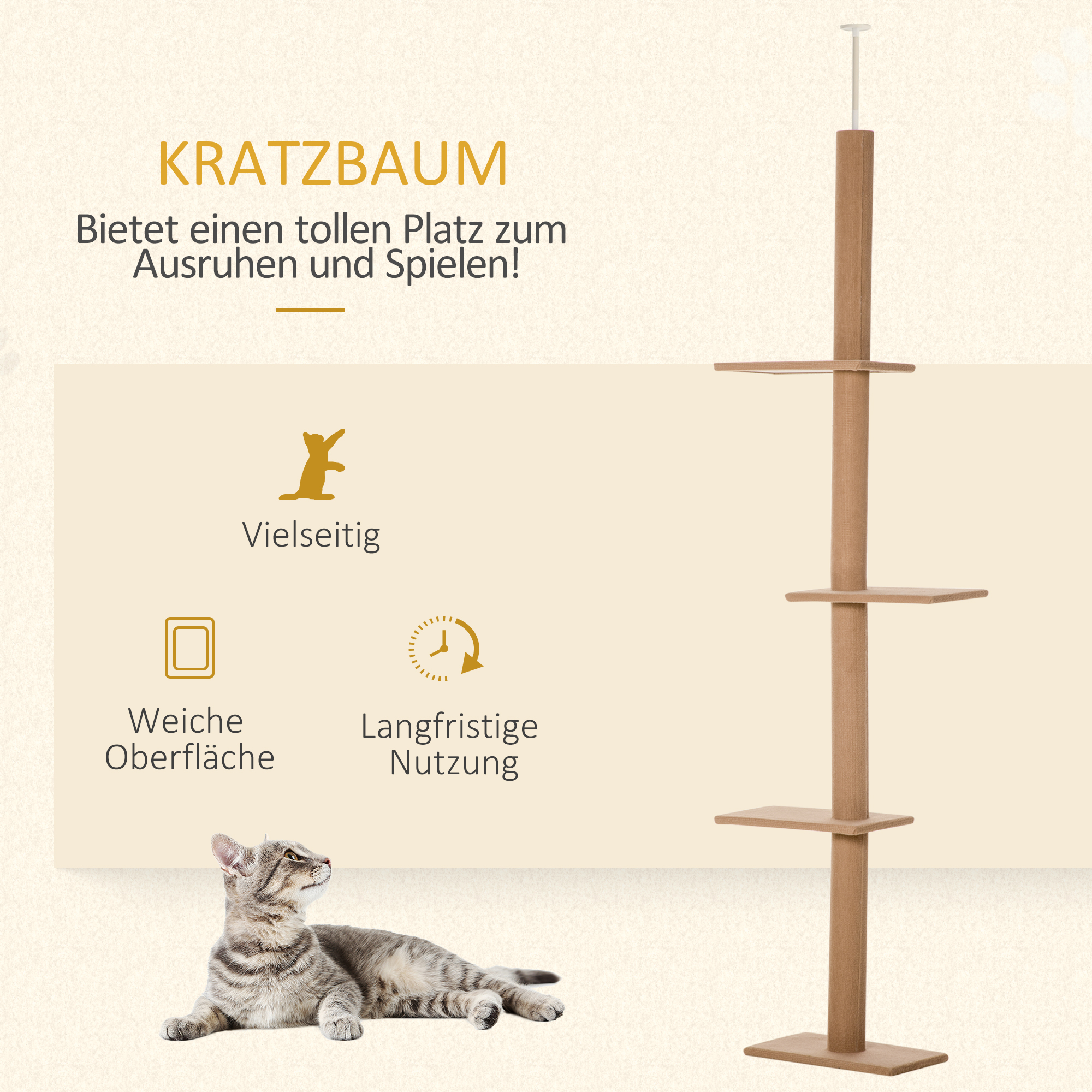 Kratzbaum mit Ebenen, eine Katze liegt und Text. Beige Farbschema.