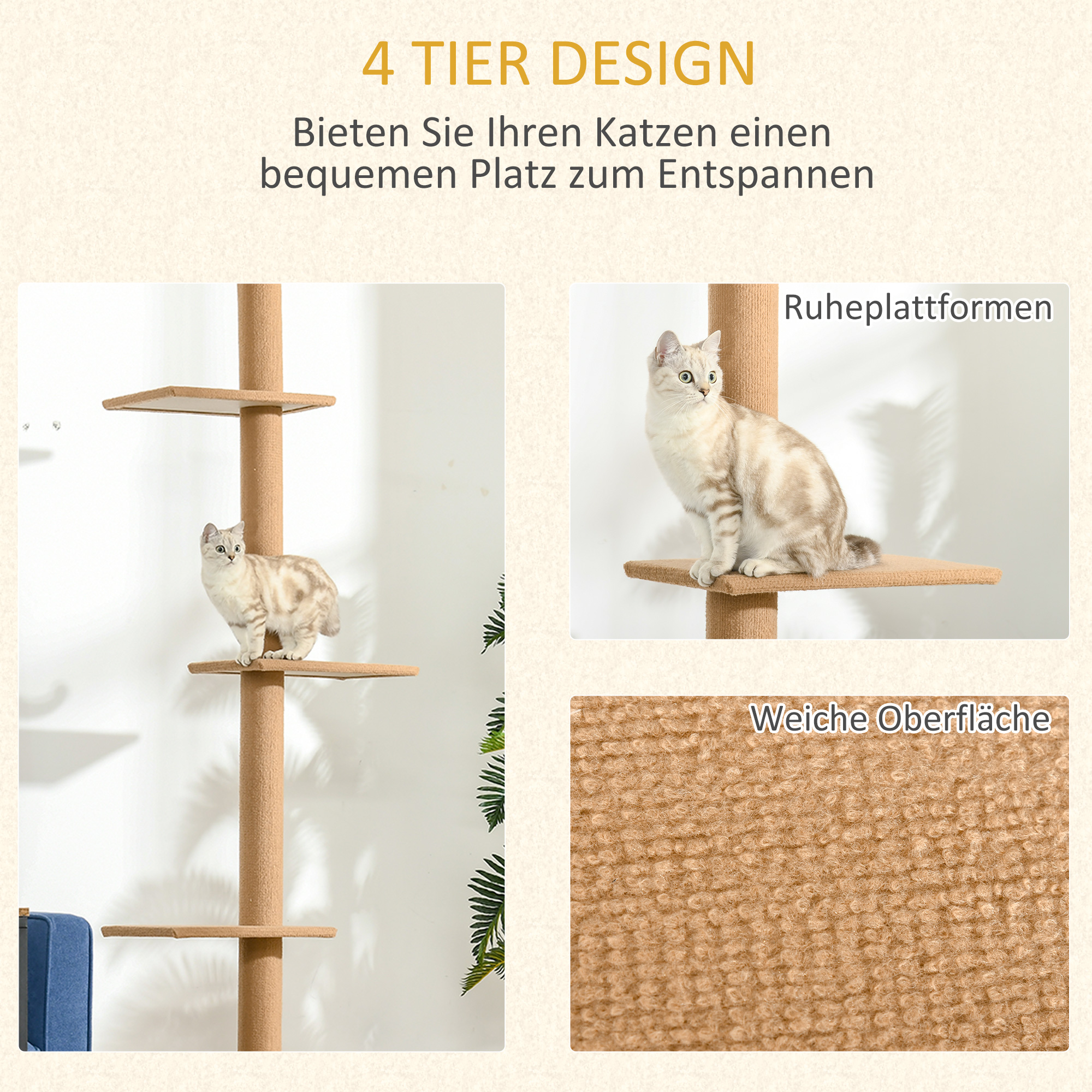 Katzenbaum mit mehreren Plattformen. Zwei Katzen sind sichtbar, eine auf einer Plattform, die andere am Boden.