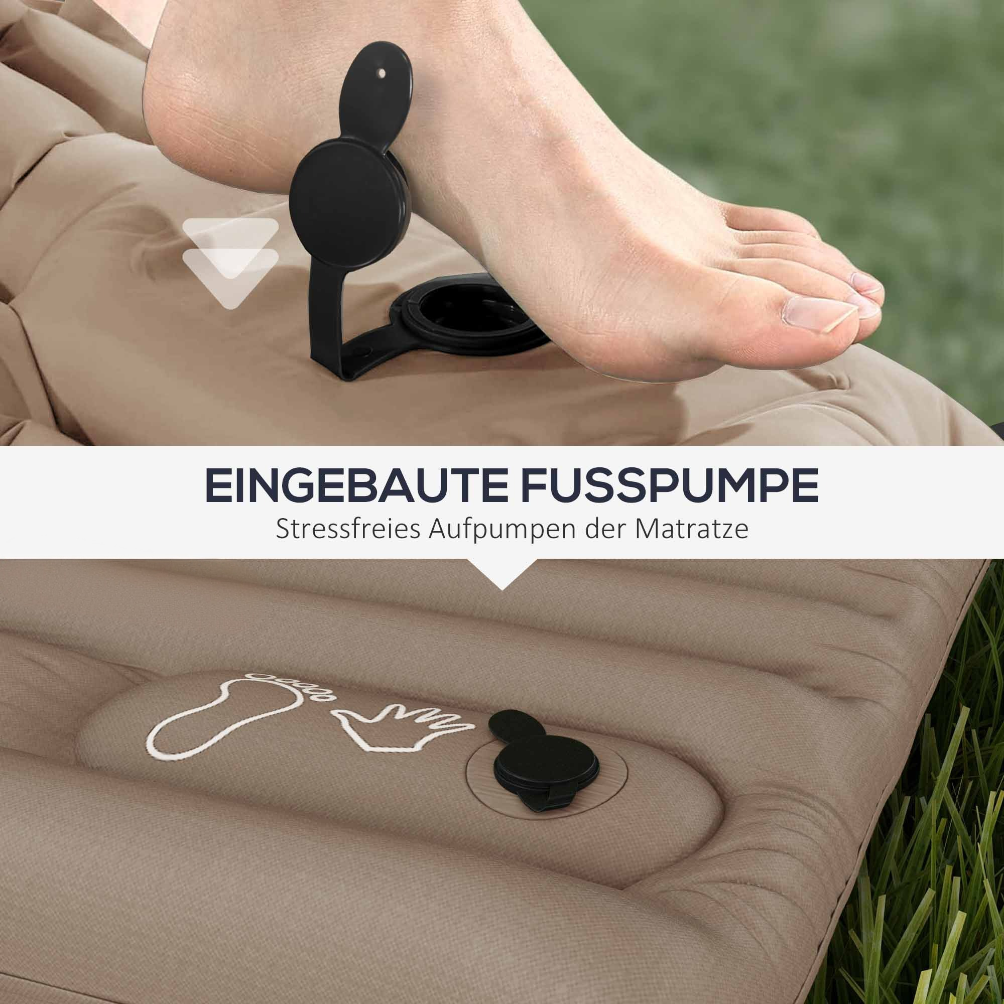 Fuß pumpt eine Luftmatratze, eingebaute Pumpe sichtbar.