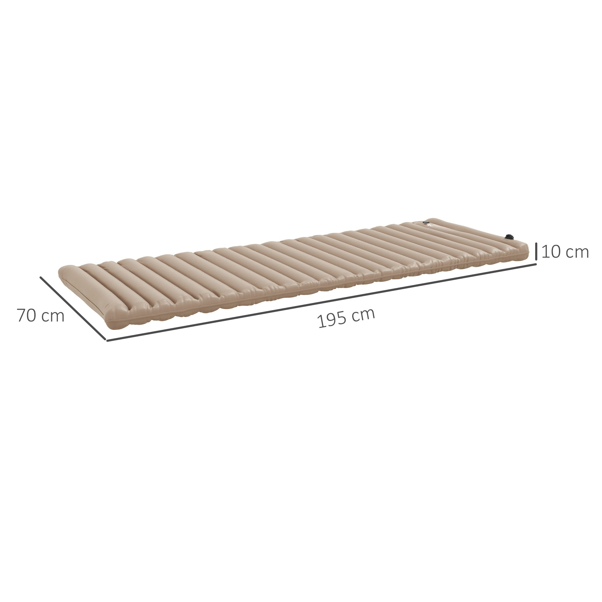 Beige, rechteckige Luftmatratze mit Abmessungen in cm. Weißer Hintergrund.