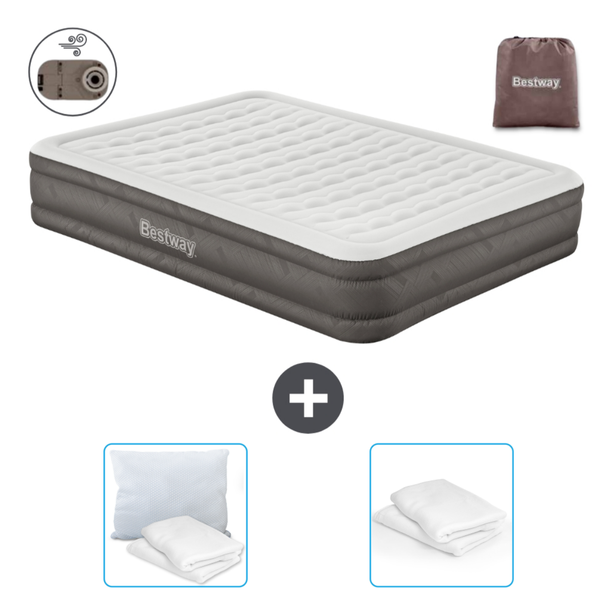 Matelas gonflable blanc et gris avec logo Bestway, pompe à air, oreillers et parure de lit.