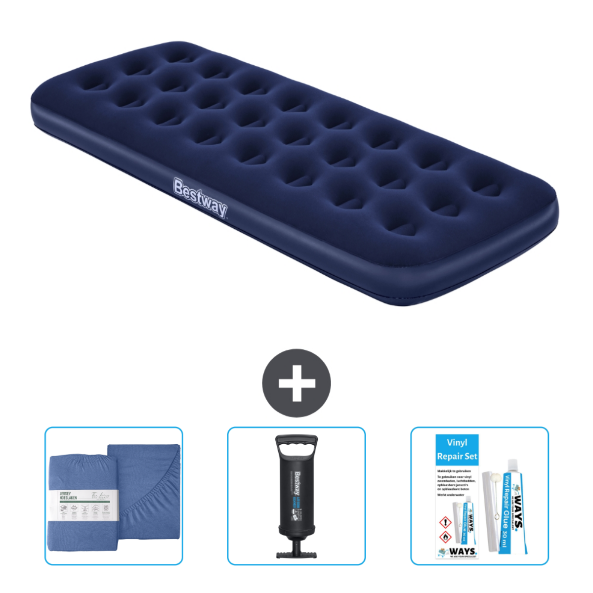 Blauw Bestway luchtbed, pomp, reparatieset en een blauwe lakenset.
