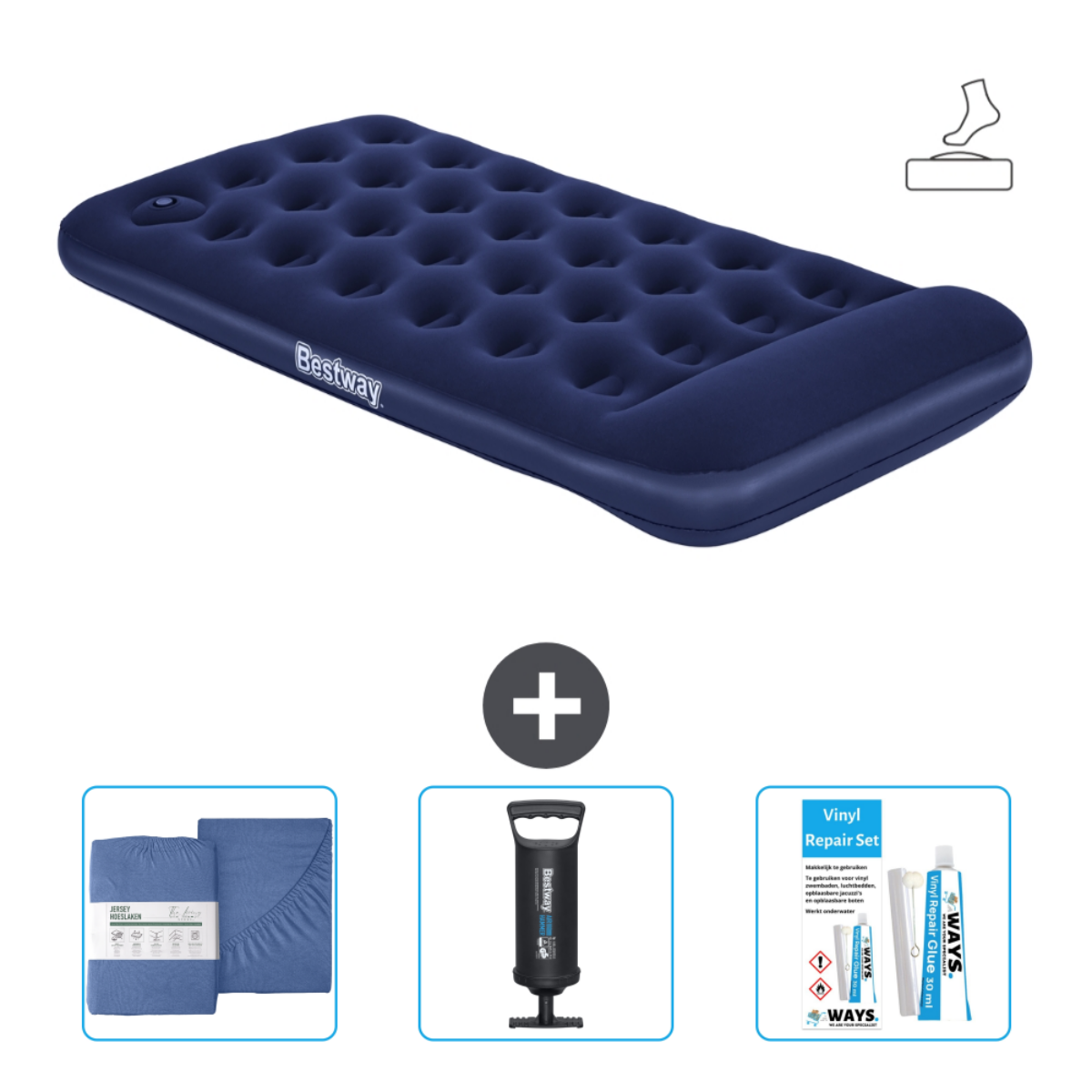 Blauw Bestway luchtbed, pomp, reparatieset en blauwe lakens.