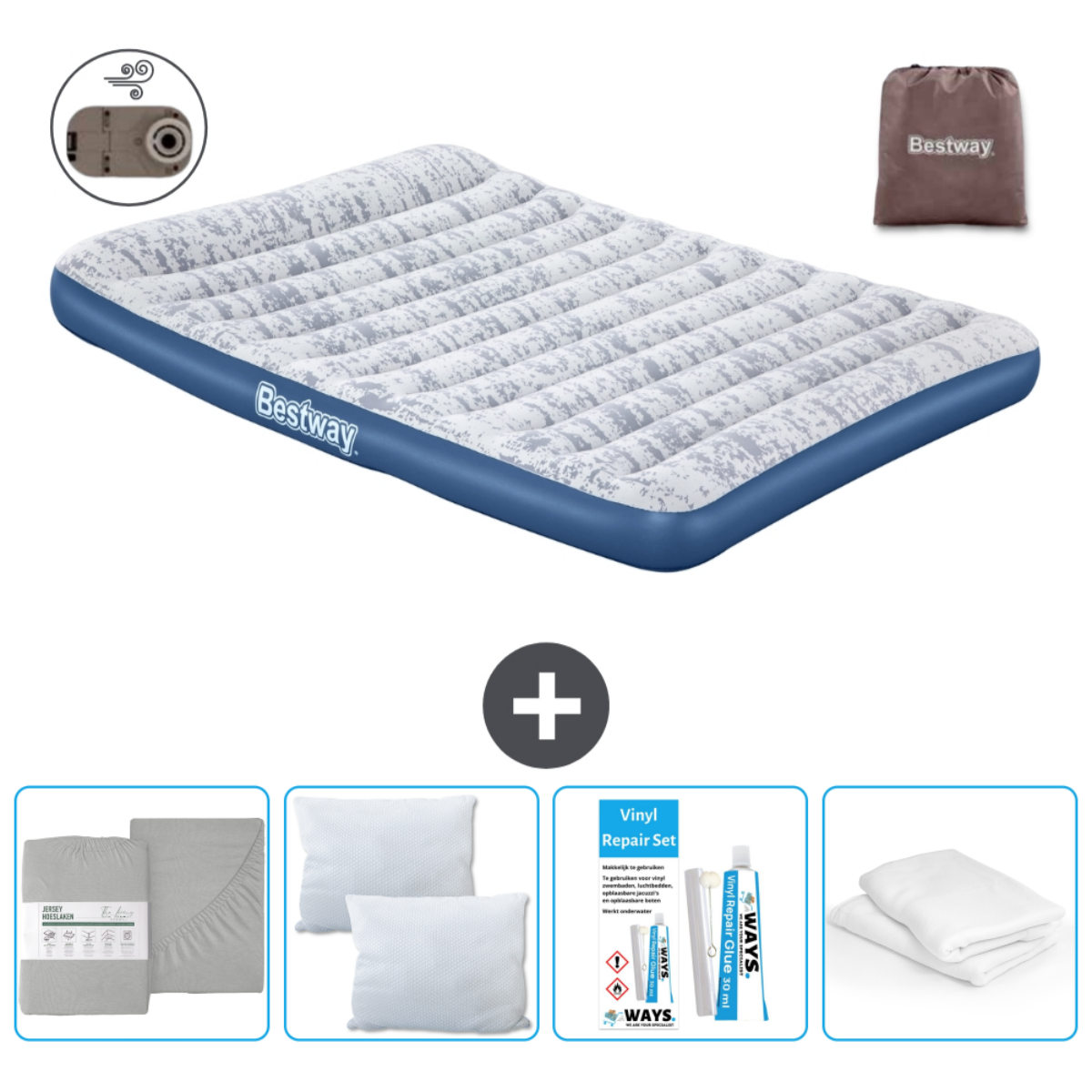 Un lit gonflable avec accessoires : oreillers, draps et kit de réparation.