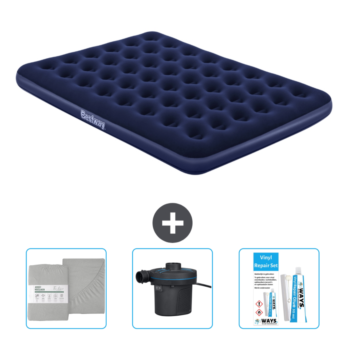 Matelas pneumatique Bestway bleu foncé, draps, pompe et kit de réparation. Symbole plus.