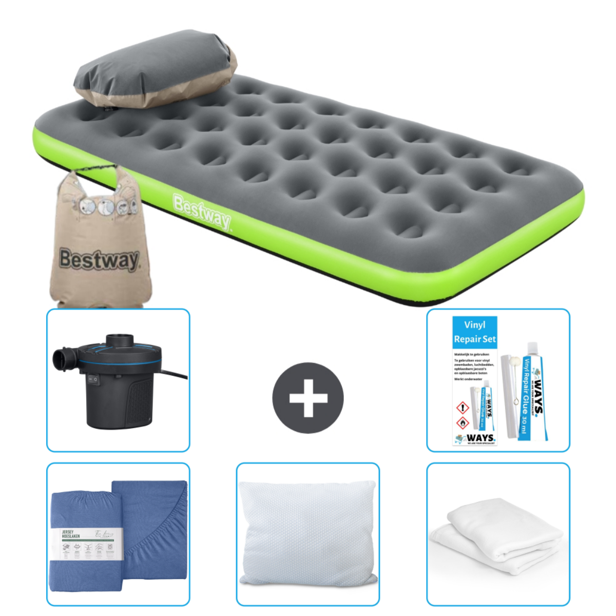 Matelas gonflable gris et vert, oreiller et accessoires.