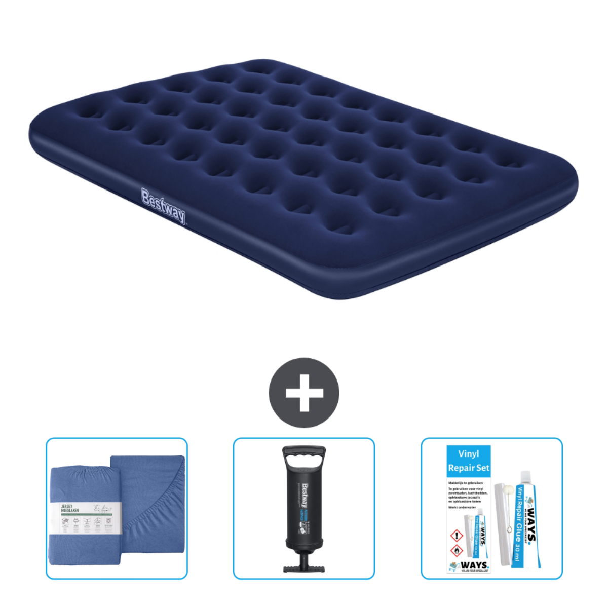 Blauw Bestway luchtbed met blauw beddengoed, een pomp en een reparatieset.