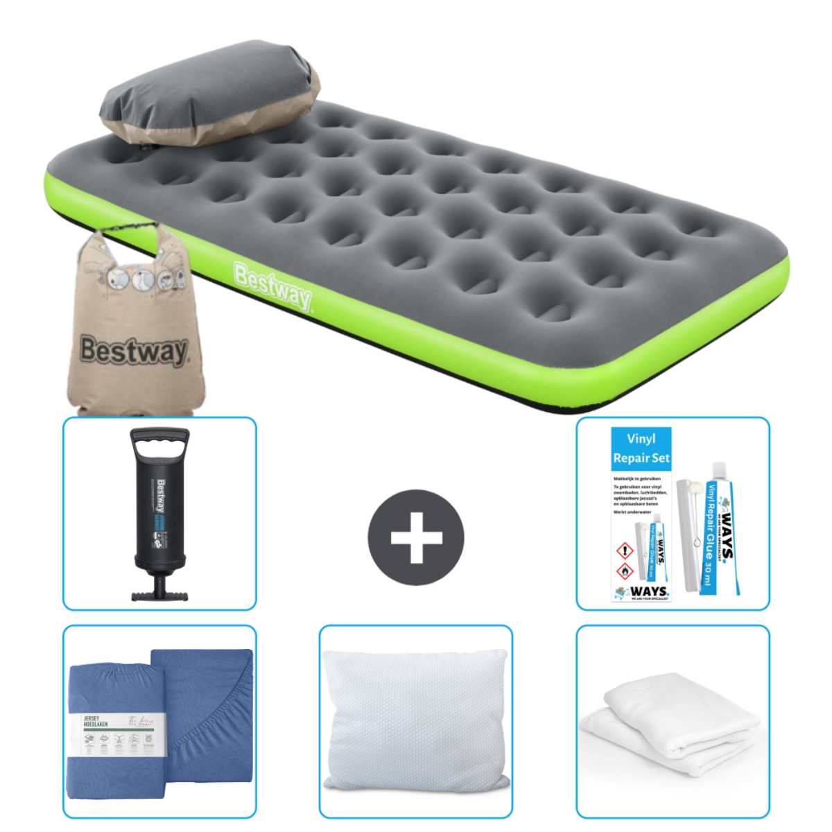 Grijs Bestway luchtbed met pomp, blauwe lakens, kussen en reparatieset. Witte achtergrond.