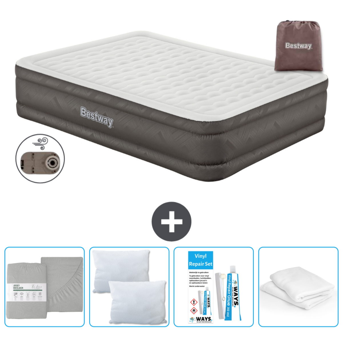 Lit gonflable gris avec accessoires, dont kit de réparation, oreillers et draps. Insert montre accessoires.