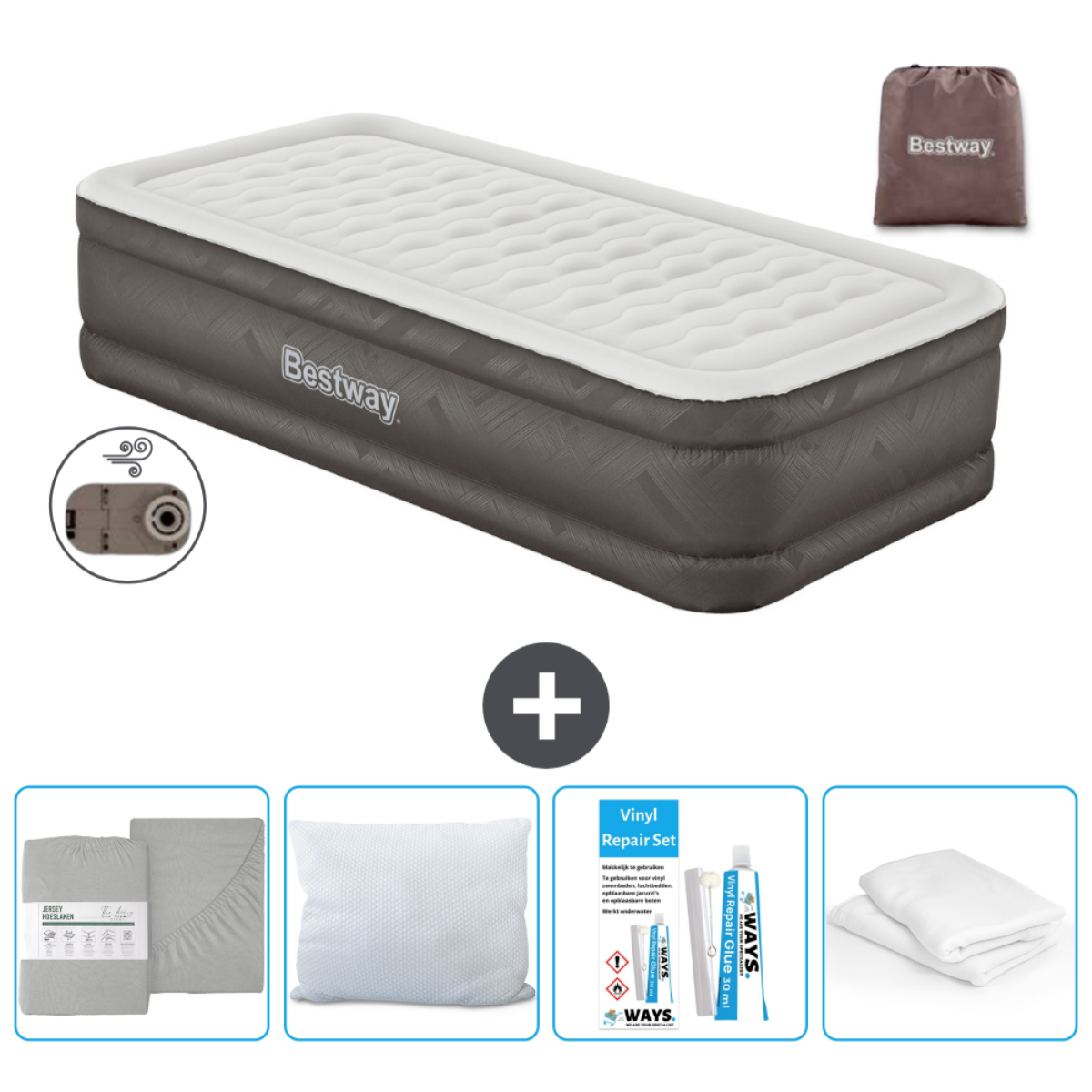Grijs-wit Bestway luchtbed met accessoires, waaronder beddengoed en een reparatieset.