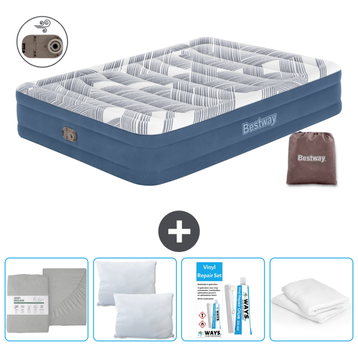Matelas gonflable bleu et blanc avec accessoires : draps, oreillers et kit de réparation.