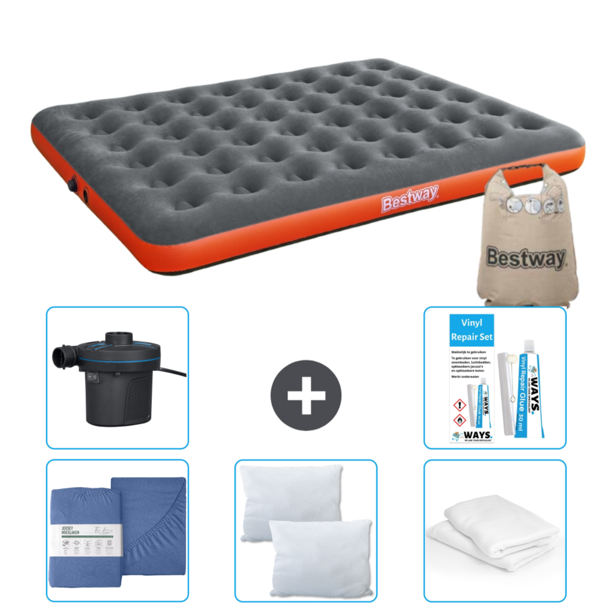 Un matelas pneumatique, une pompe, un kit de réparation, une parure et des oreillers sont affichés.
