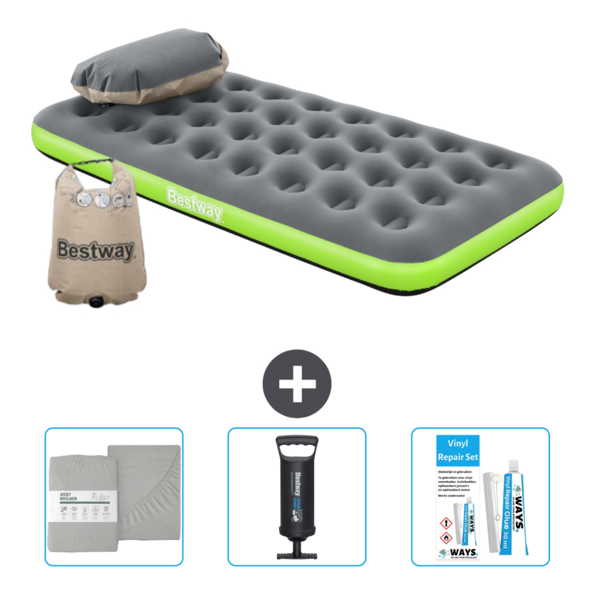 Matelas pneumatique gris avec oreiller, pompe, draps, kit réparation et sac.