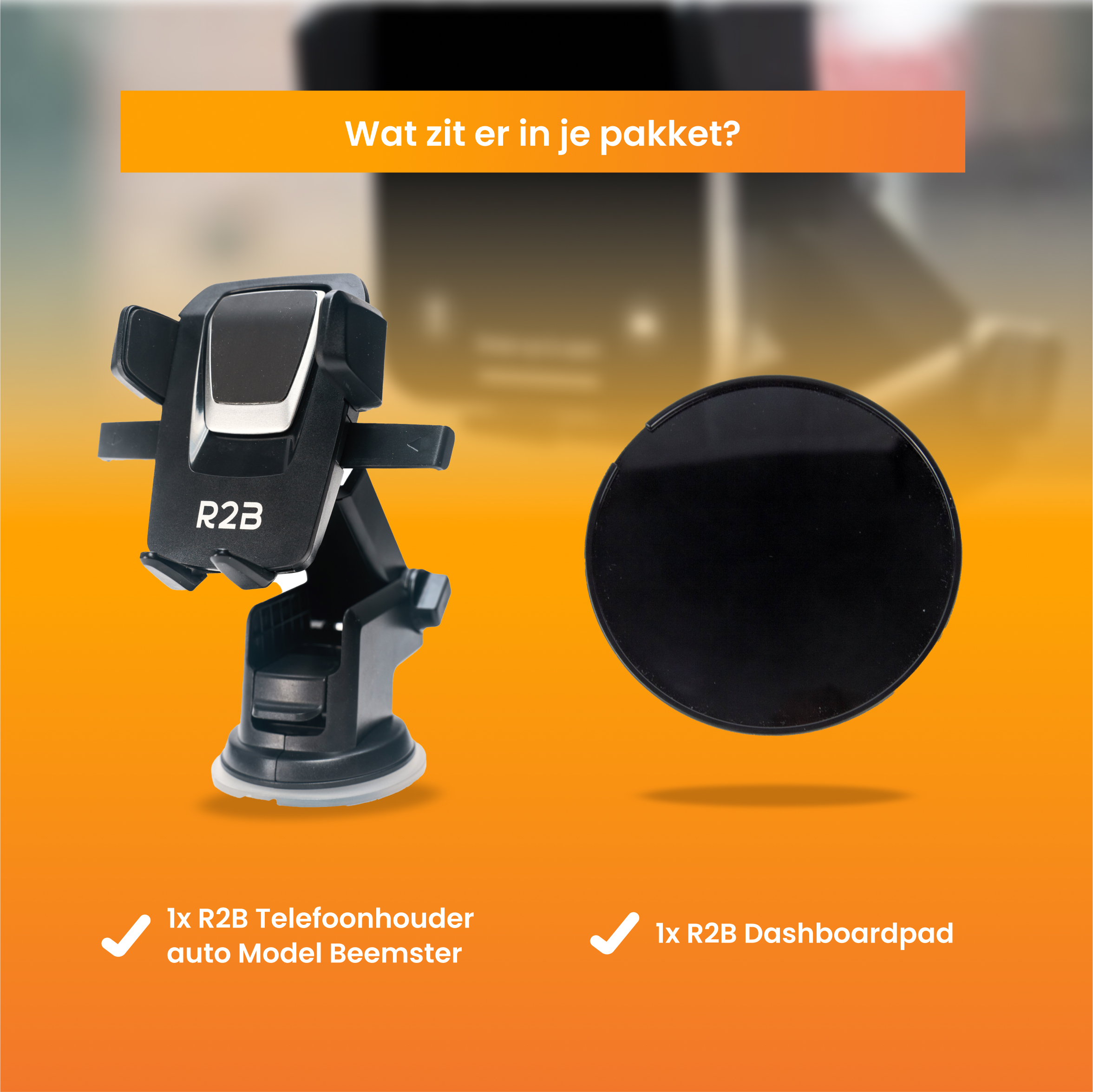 Autotelefoonhouder en dashboardpad. De houder is zwart en heeft het R2B-logo. Het pad is zwart en rond.