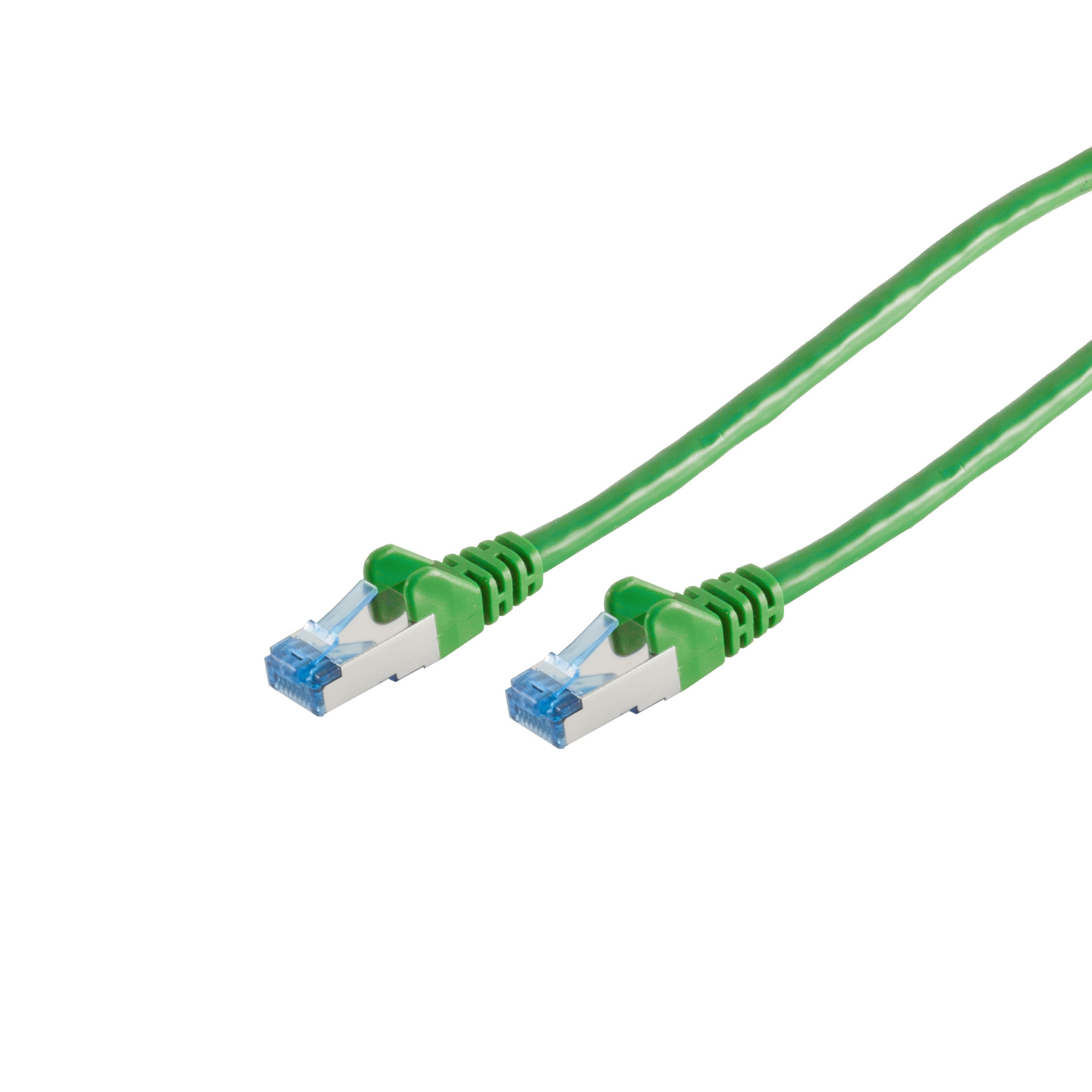 Due cavi di rete verdi con connettori a punta blu, su sfondo bianco.
