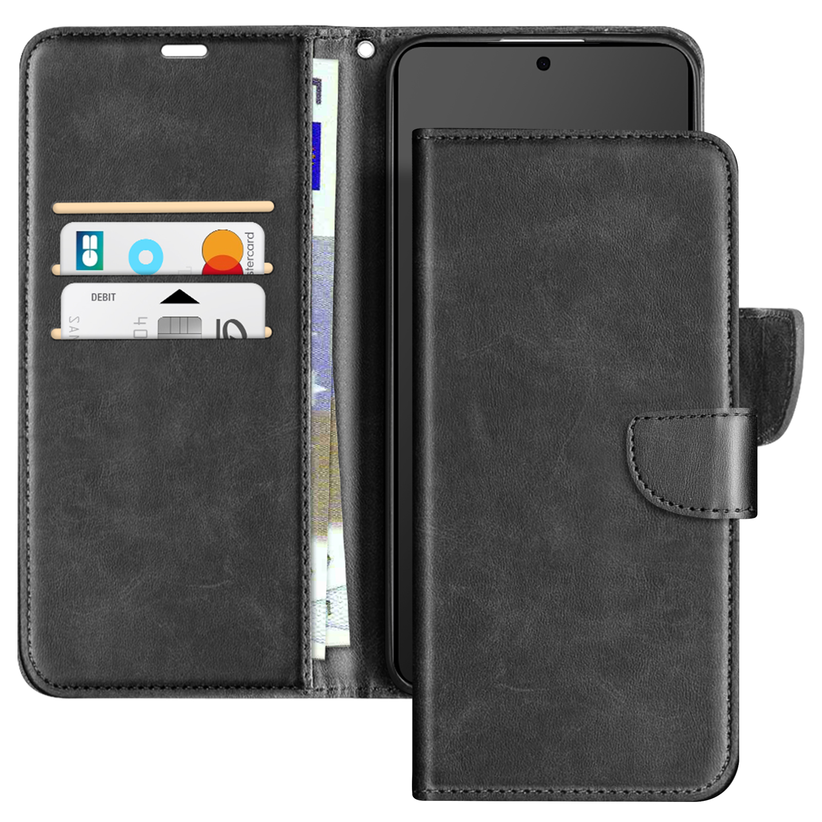 Una custodia nera per telefono con slot per carte e un telefono dentro.