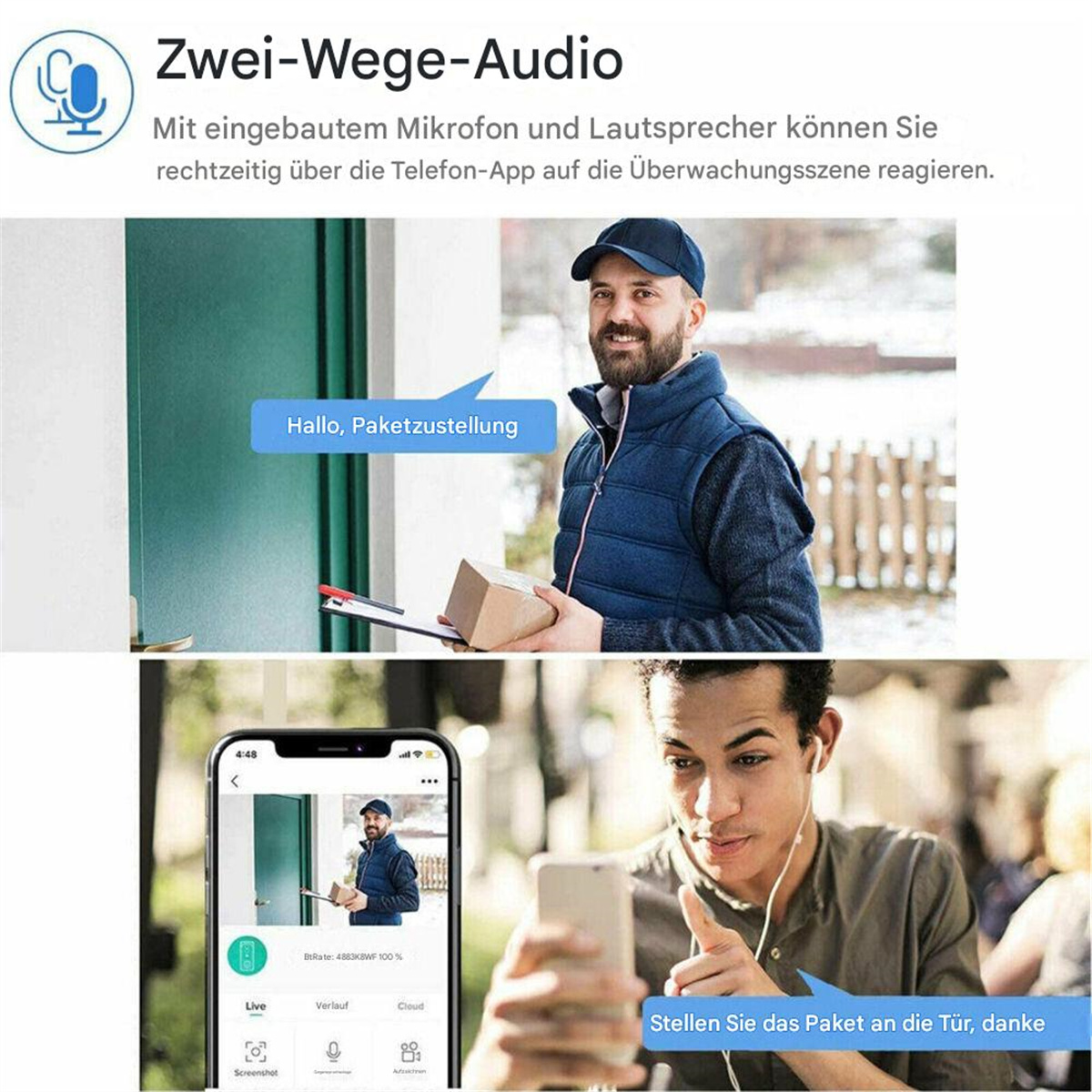 Person am Telefon, die eine Lieferung über einen Kamerafeed beobachtet.