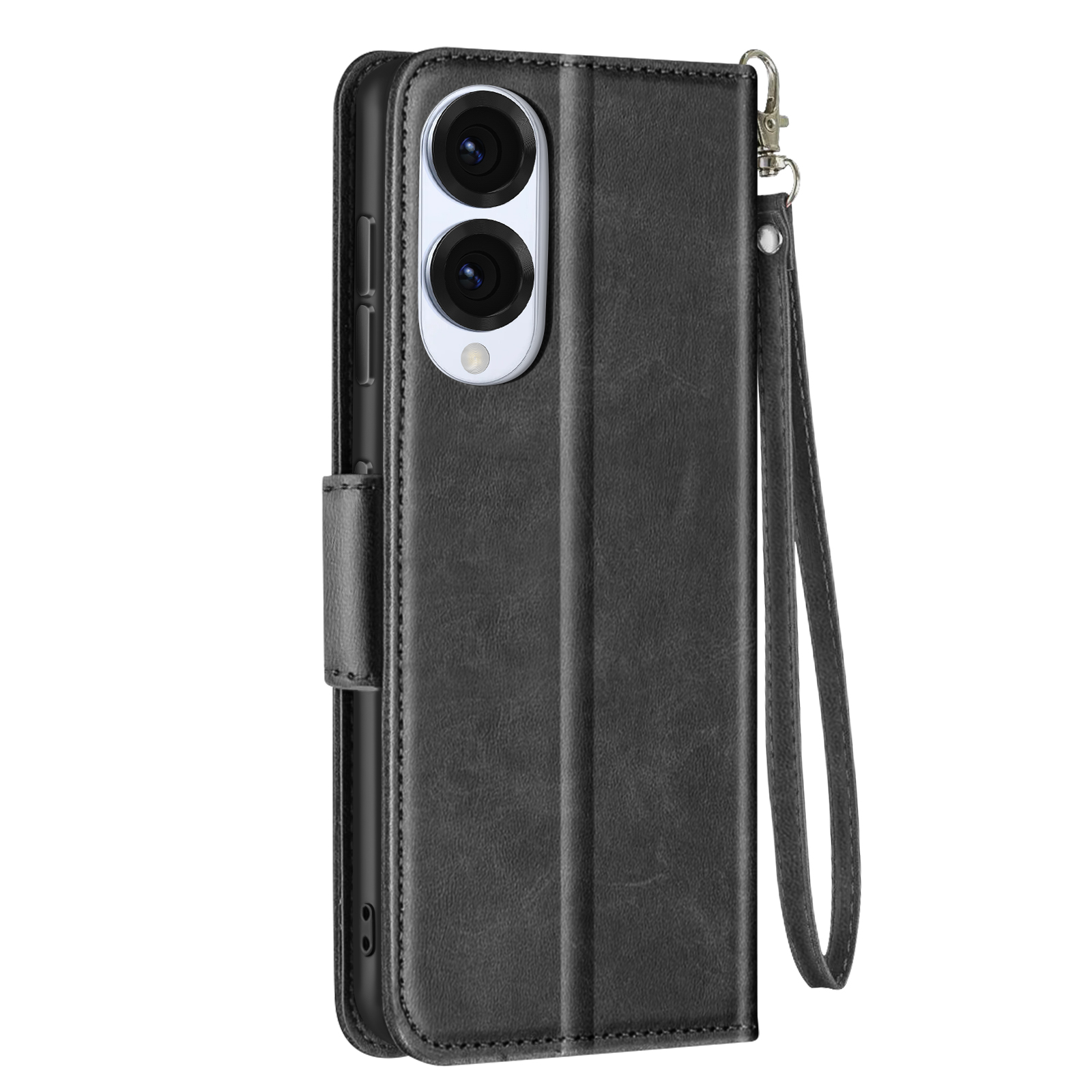 Una custodia nera con un telefono nero dentro. Ha un cinturino da polso.