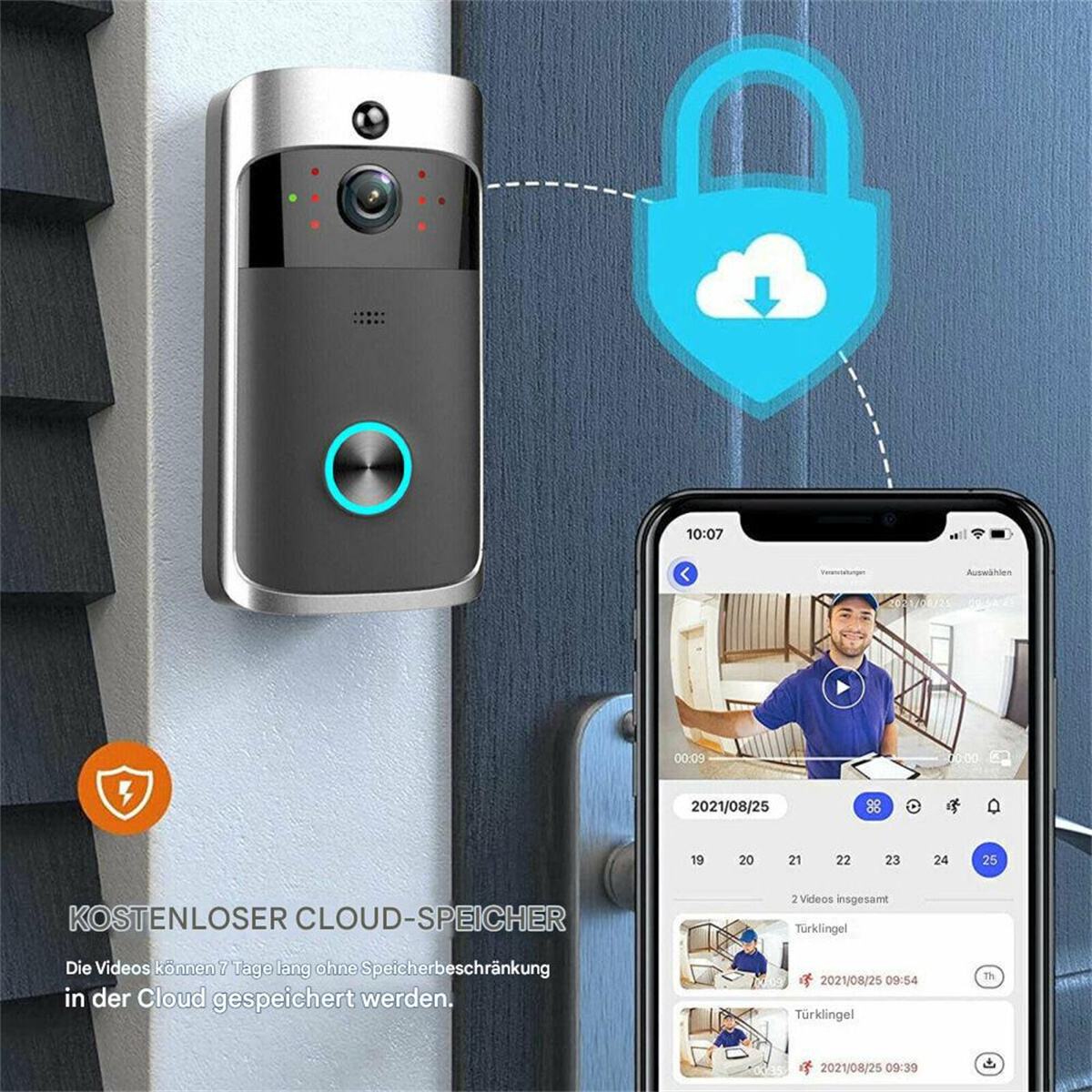 Eine Türklingel mit Bildschirm, der einen Mann zeigt, mit Cloud-Symbol.