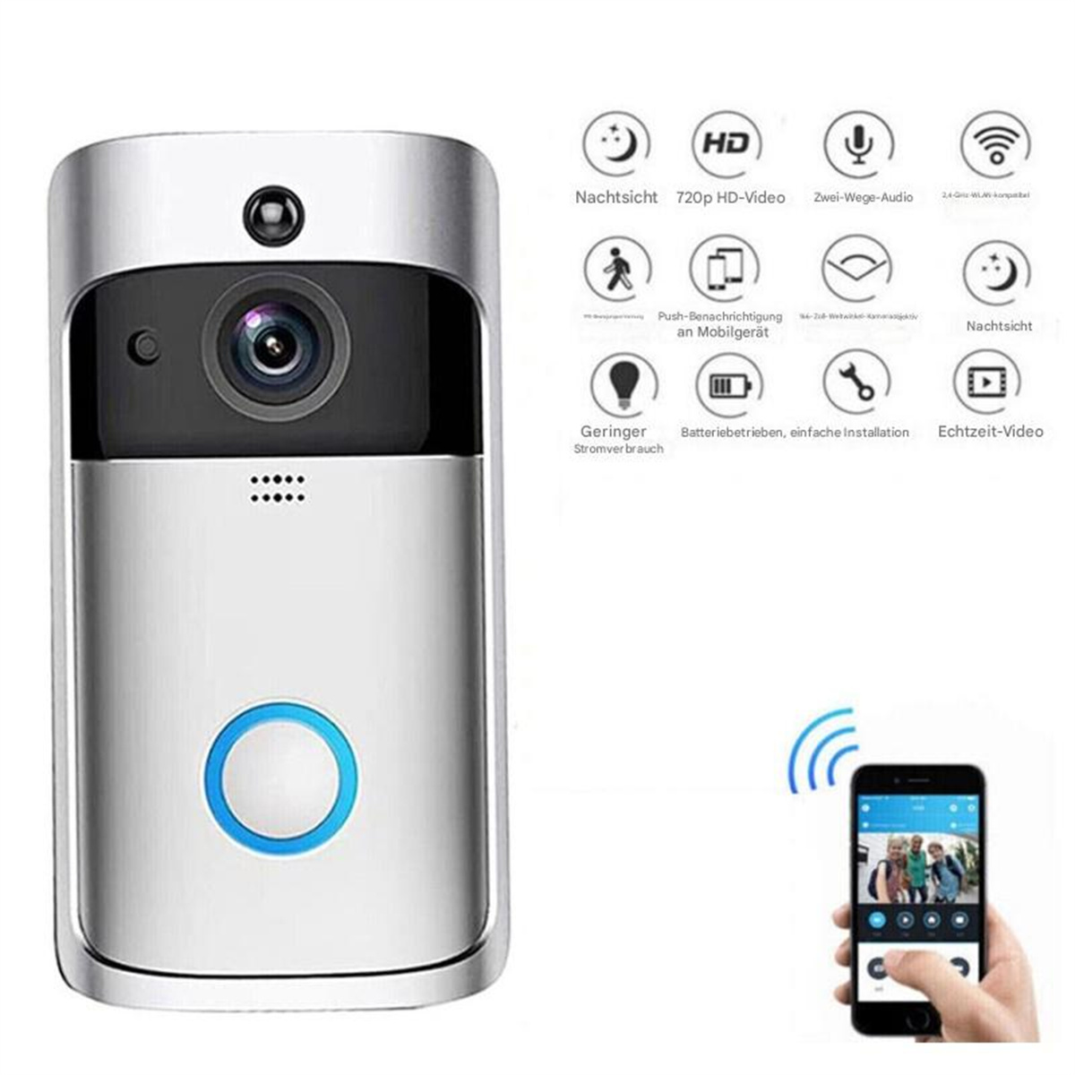 Eine silberne intelligente Türklingel mit Symbolen, einer Kamera und einem Telefon, das einen Live-Video-Feed anzeigt.