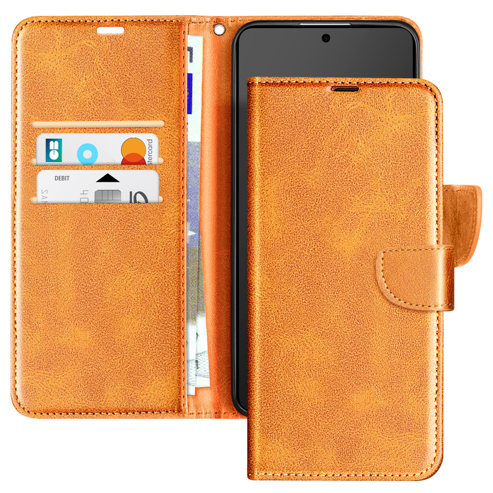Custodia arancione per telefono, aperta per mostrare telefono e carte. Stile portafoglio. Sfondo bianco.
