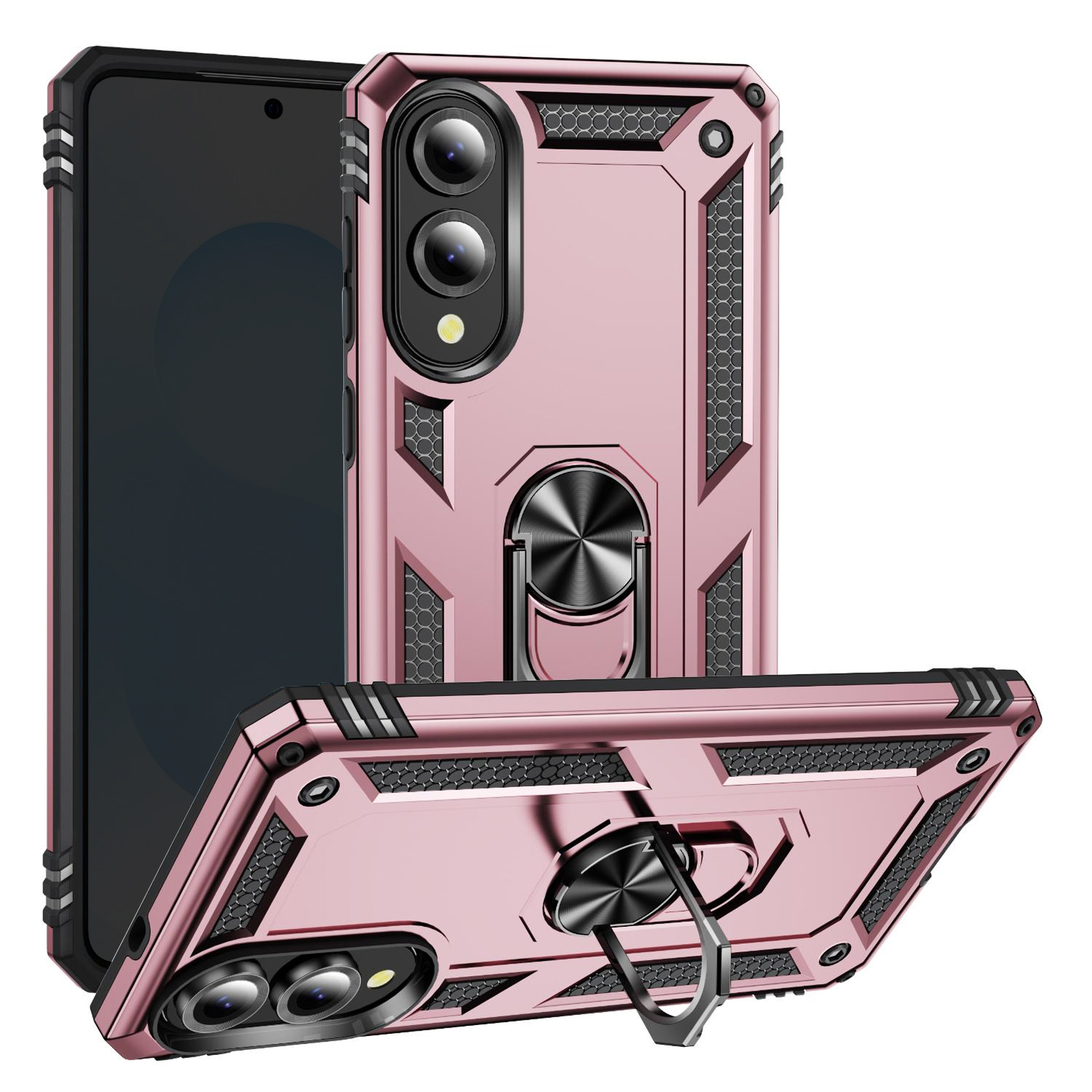 Rosa Handyhülle mit Standring. Ein Telefon befindet sich in der Hülle. Der Hintergrund ist weiß.