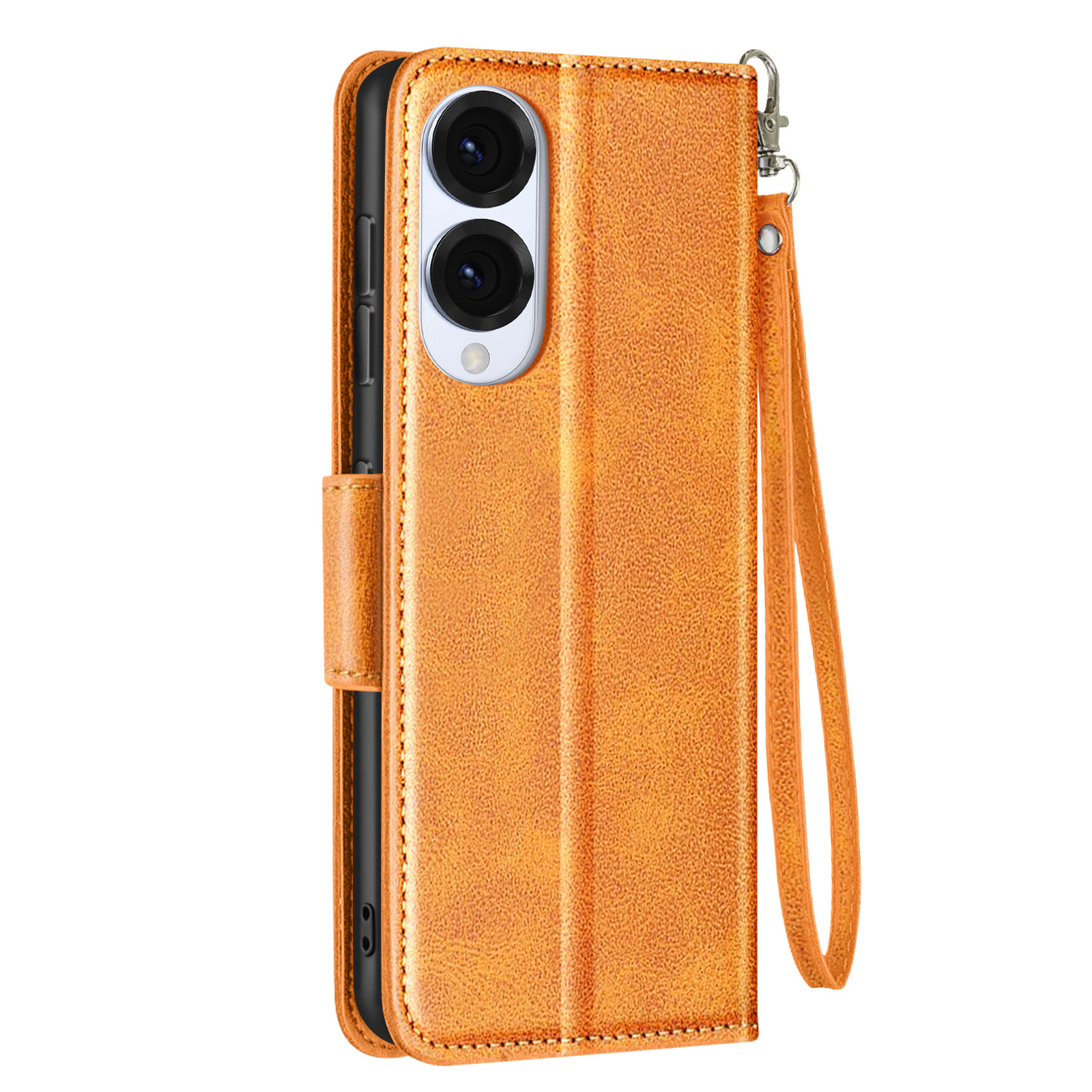 Custodia arancione per telefono con due fori per fotocamera e cinturino, chiusa.