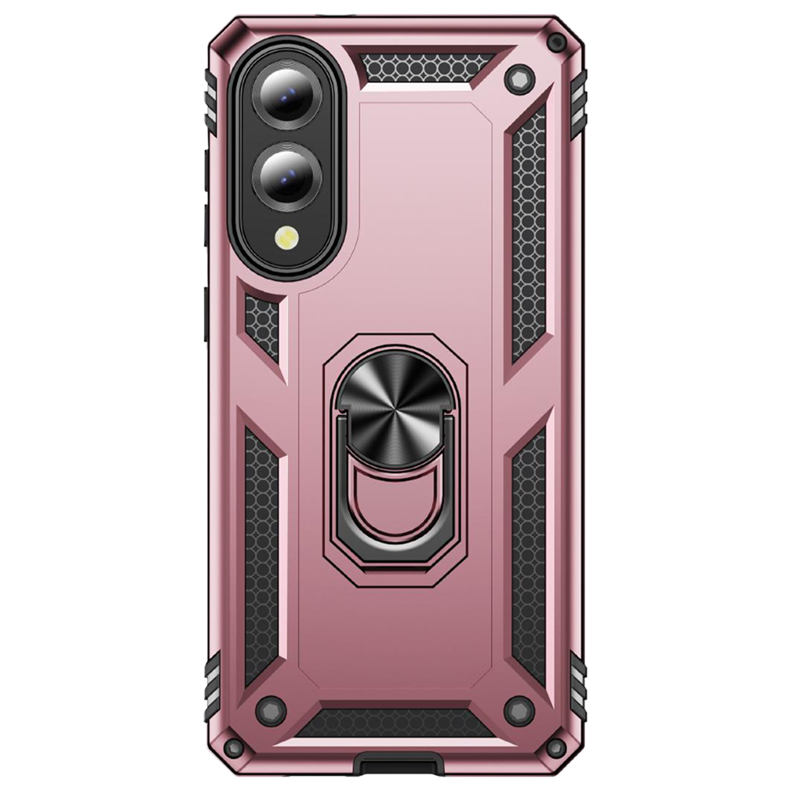 Eine pinkfarbene Handyhülle mit Ringhalter. Sie hat eine Kameraerhöhung und ein Wabenmuster an den Seiten.