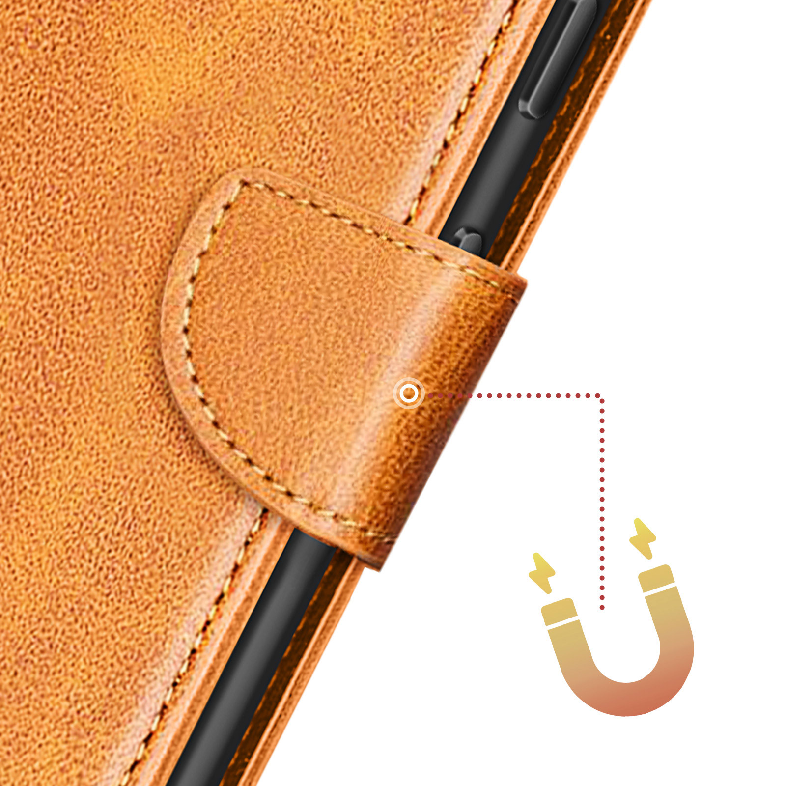 Custodia in pelle marrone con dettaglio di chiusura magnetica. Un telefono è parzialmente visibile.