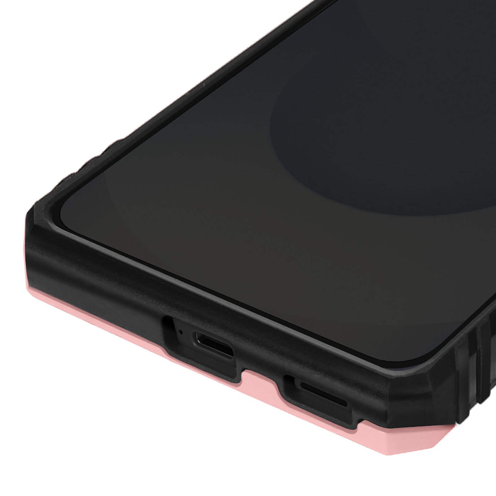 Nahaufnahme eines Smartphones in einer Schutzhülle. Die Hülle ist schwarz und rosa.