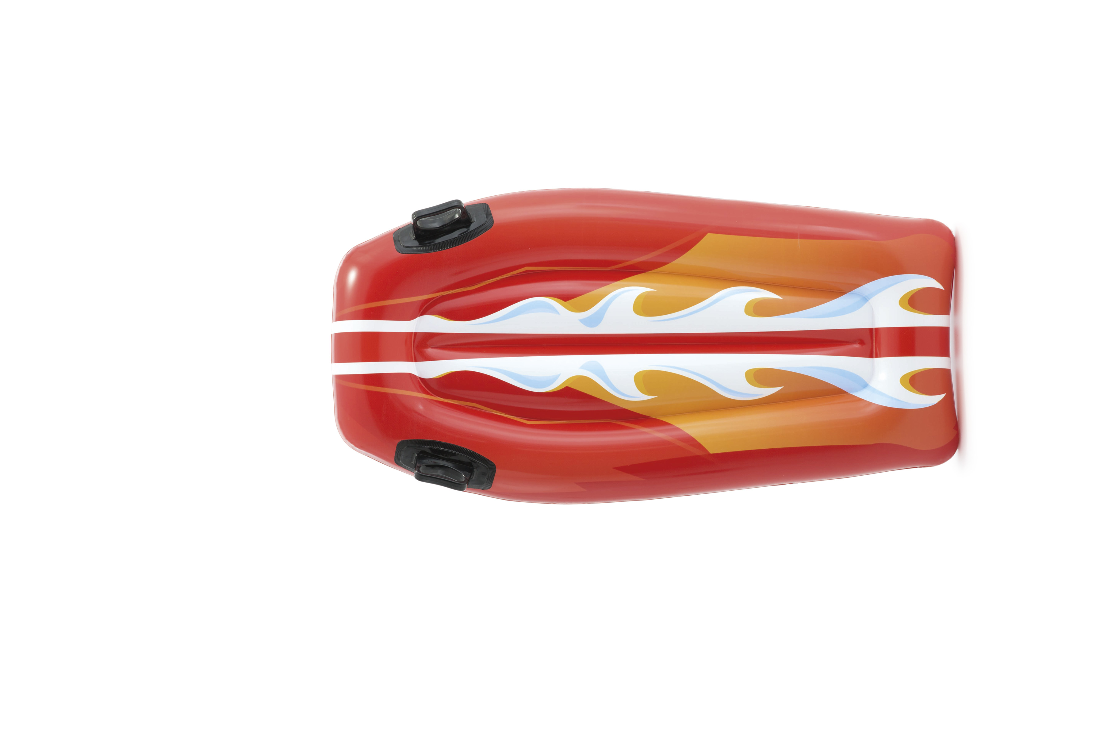 Rotes aufblasbares Pool-Schwimmbrett mit weißem und orangefarbenem Flammendesign.