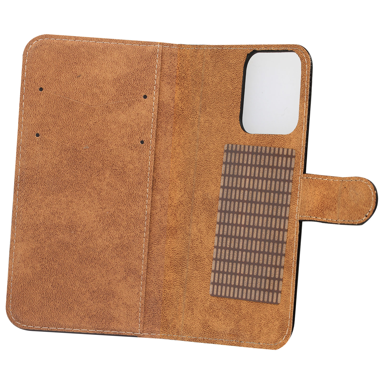 Geöffnete braune Handyhülle im Brieftaschenstil mit Kartenfächern und einem Handy-Ausschnitt.