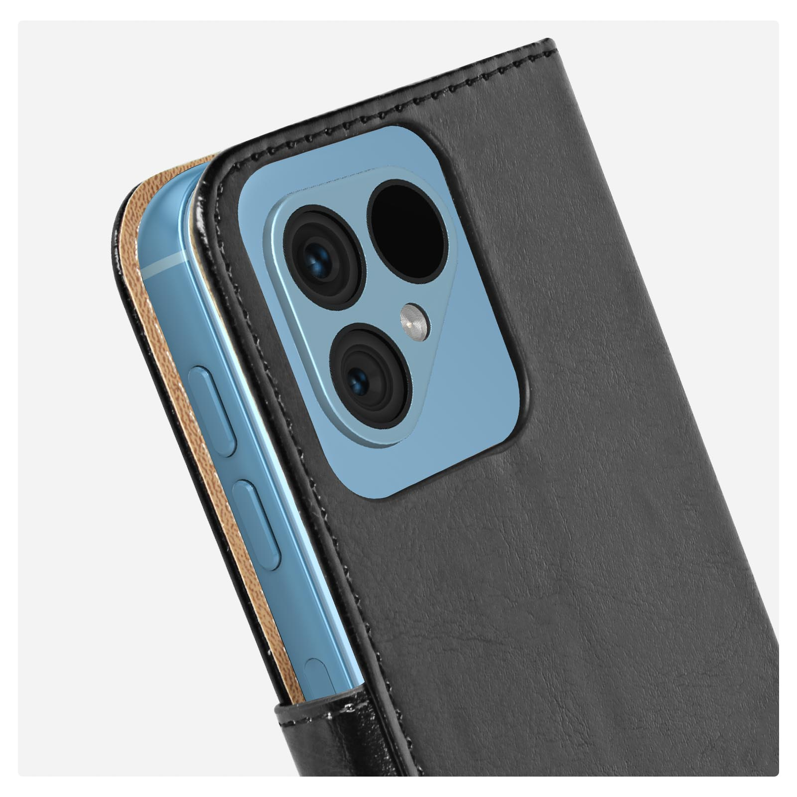 Eine schwarze Handyhülle mit einem teilweise darin befindlichen iPhone, Kameras sichtbar.