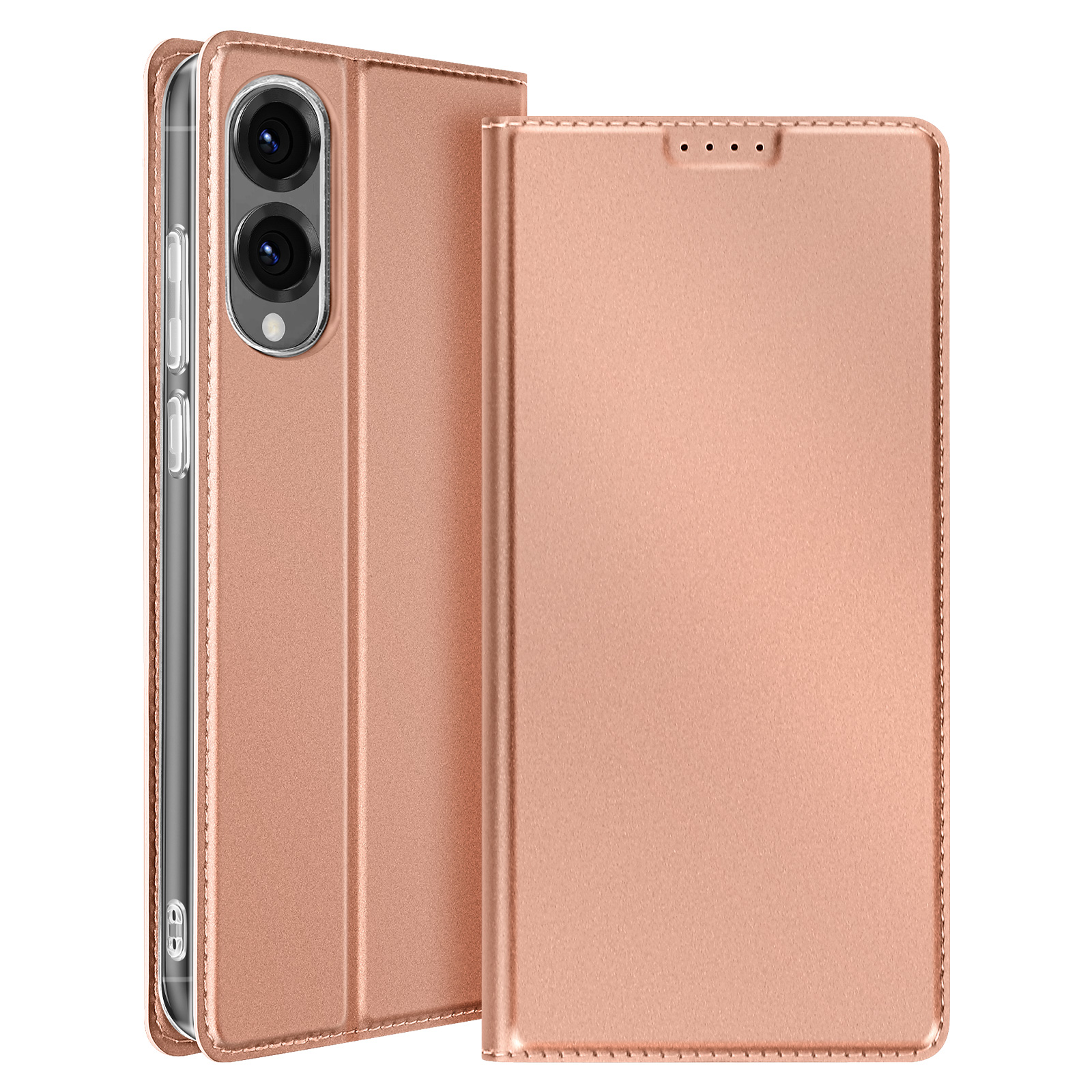 Custodia per telefono oro rosa, aperta, mostra il telefono all'interno.