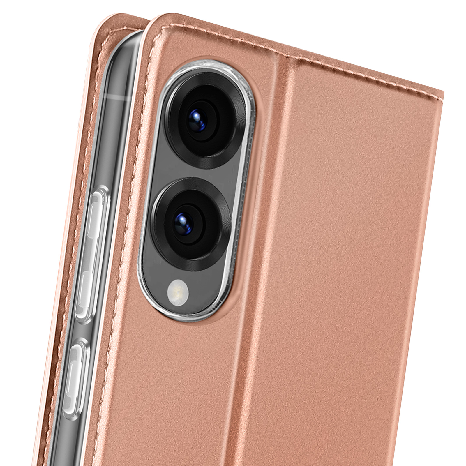 Un primo piano di una custodia per telefono oro rosa con modulo fotocamera visibile.