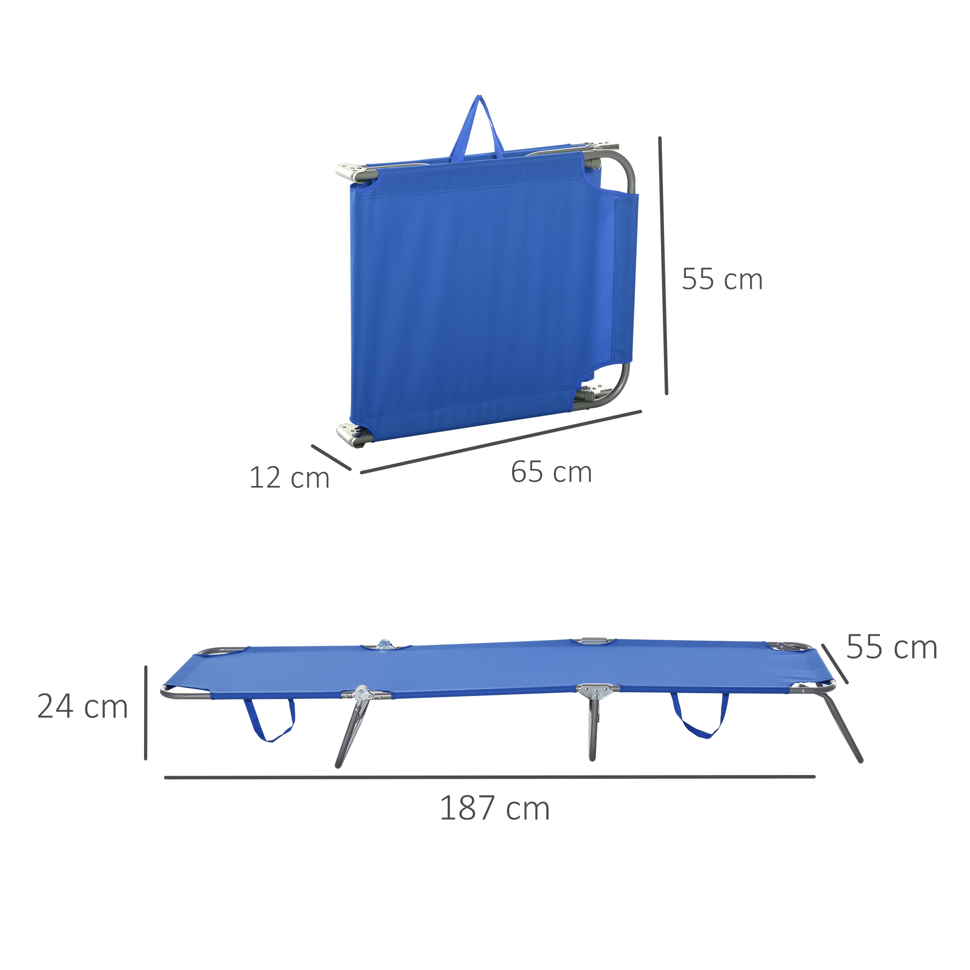 Letto da campeggio pieghevole blu, piegato e aperto, con dimensioni.