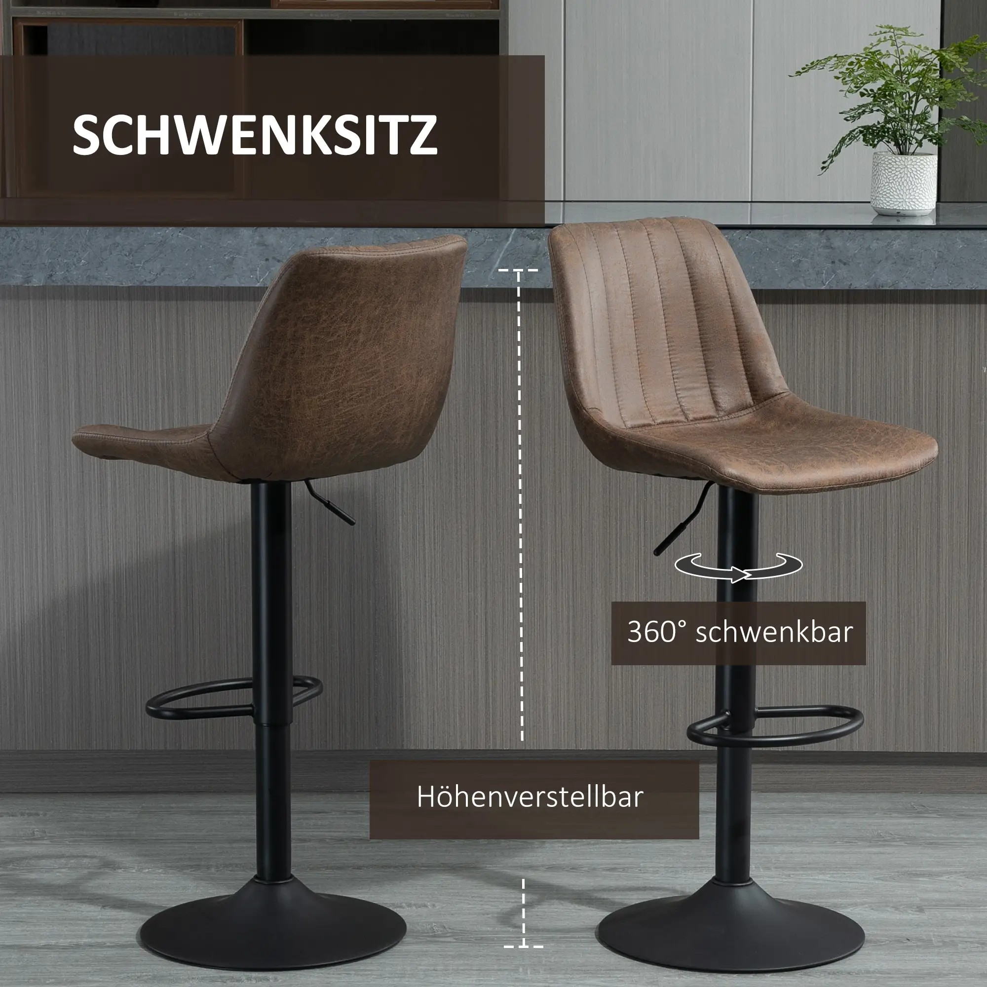 Zwei braune, drehbare Barhocker mit schwarzen Füßen stehen vor einer Küchenzeile.