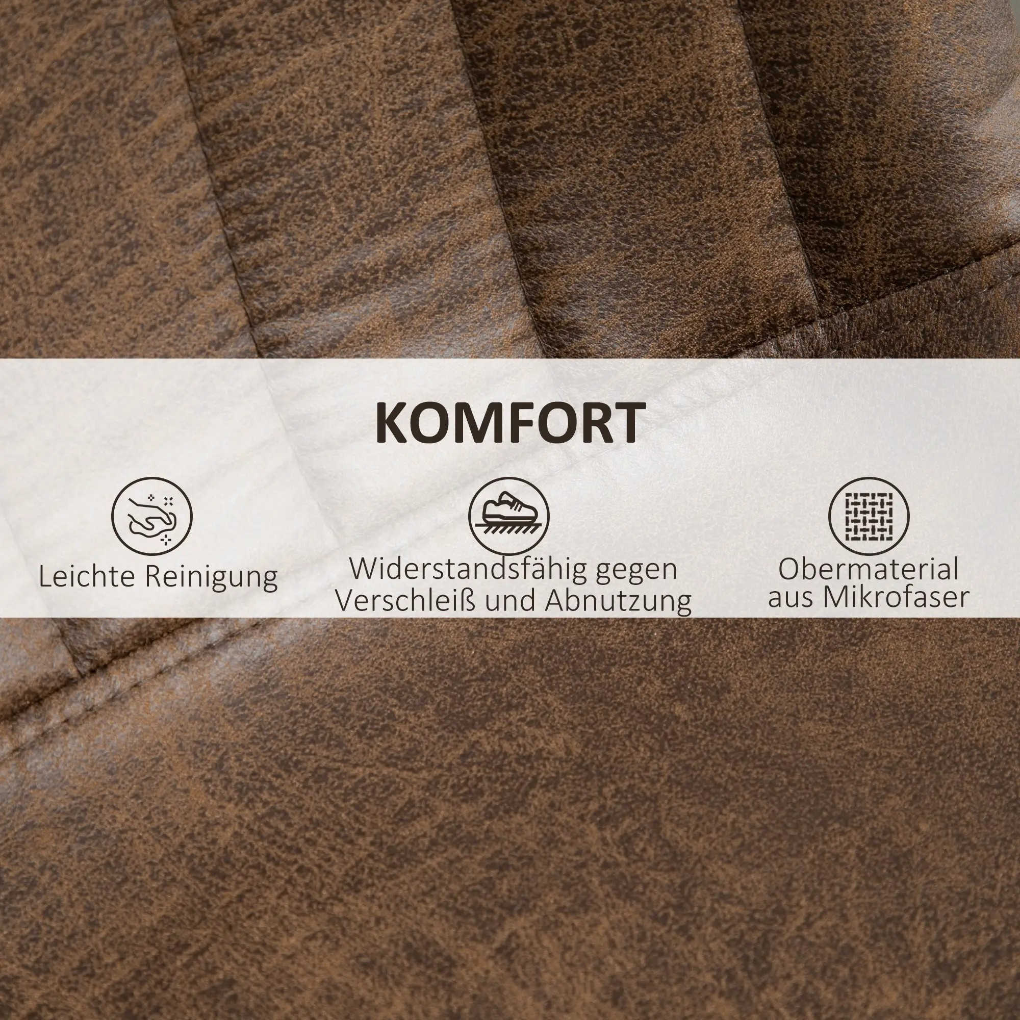 Strukturierte braune Oberfläche mit Komfort-Icons und Wörtern: Leichte Reinigung, strapazierfähig, etc.