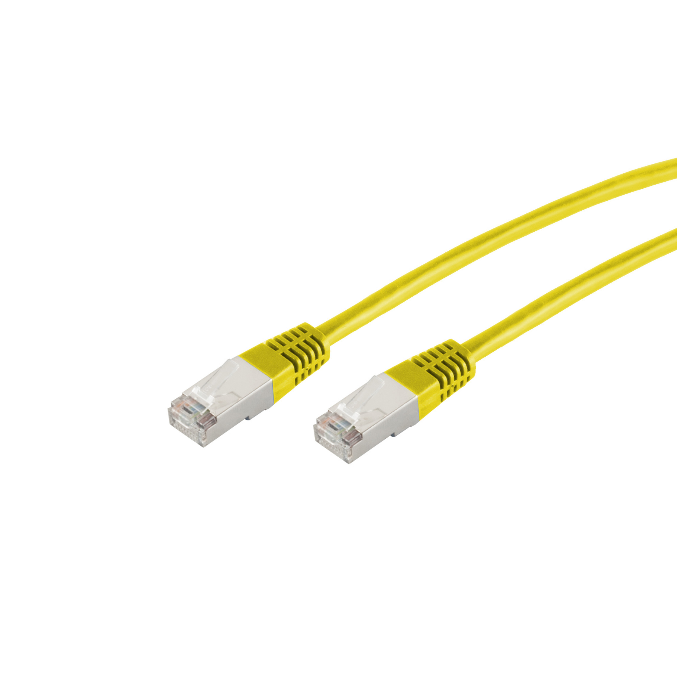 Gelbes Ethernet-Kabel mit Steckern. Das Kabel ist für Computernetzwerke.