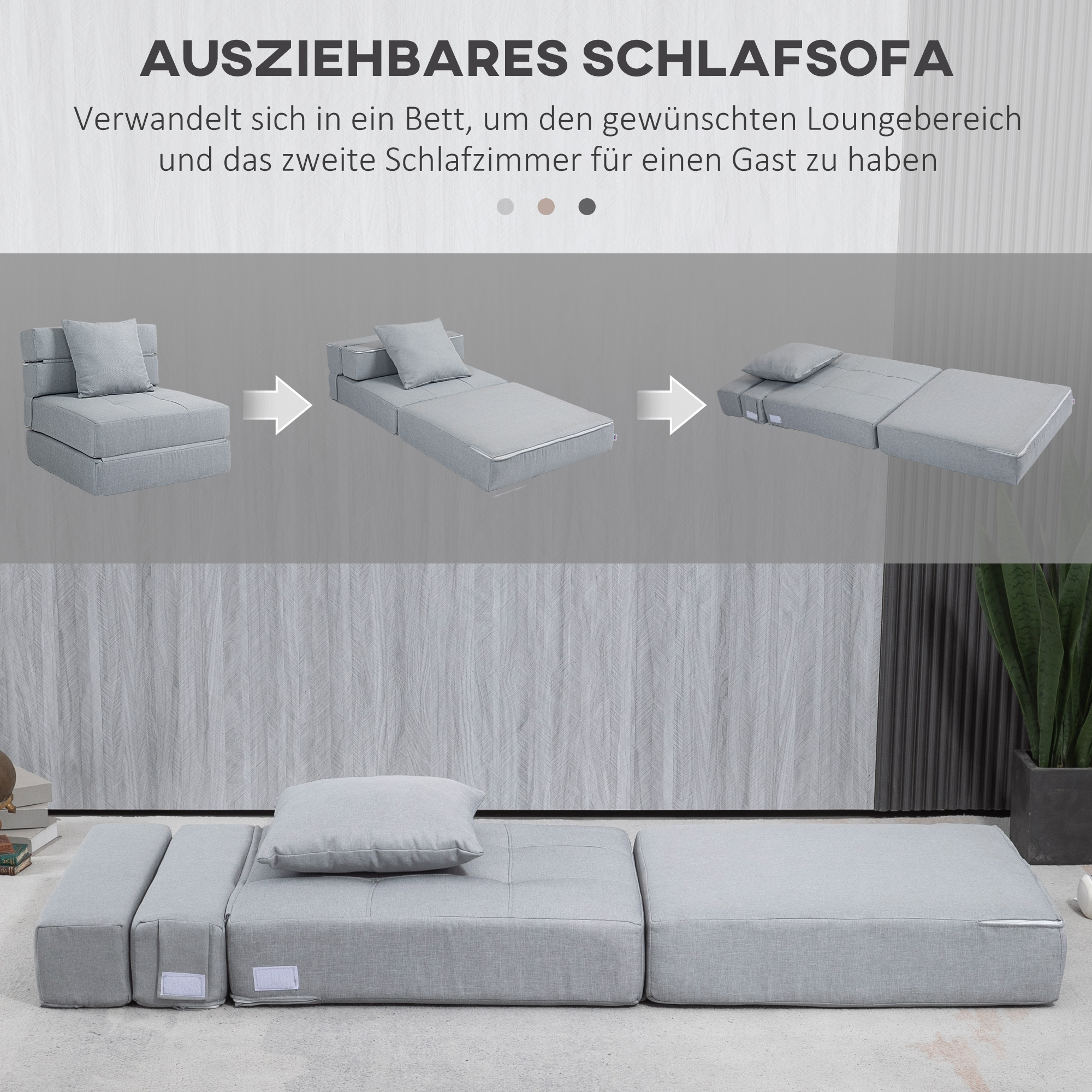 Ein graues Schlafsofa in drei Phasen. Das Sofa kann in ein Bett verwandelt werden.