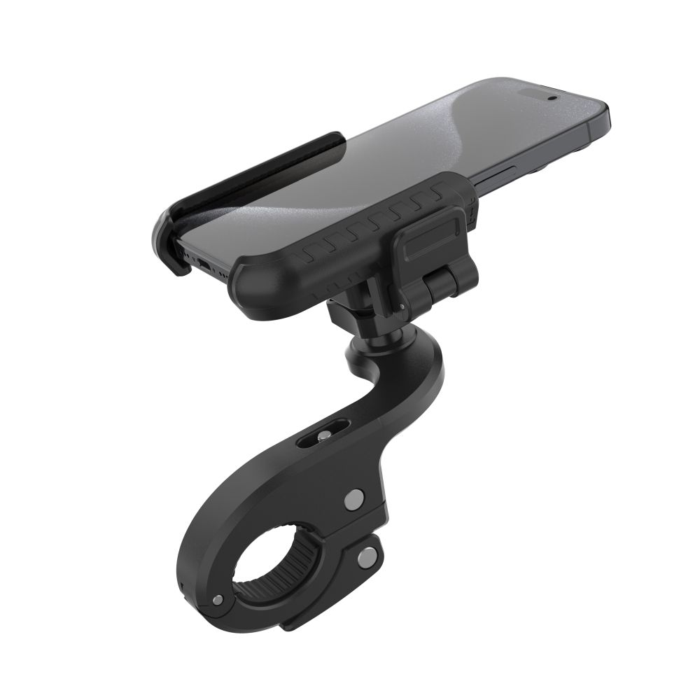 Ein schwarzer Telefonhalter, der an einem Fahrradlenker befestigt ist und ein Telefon hält.