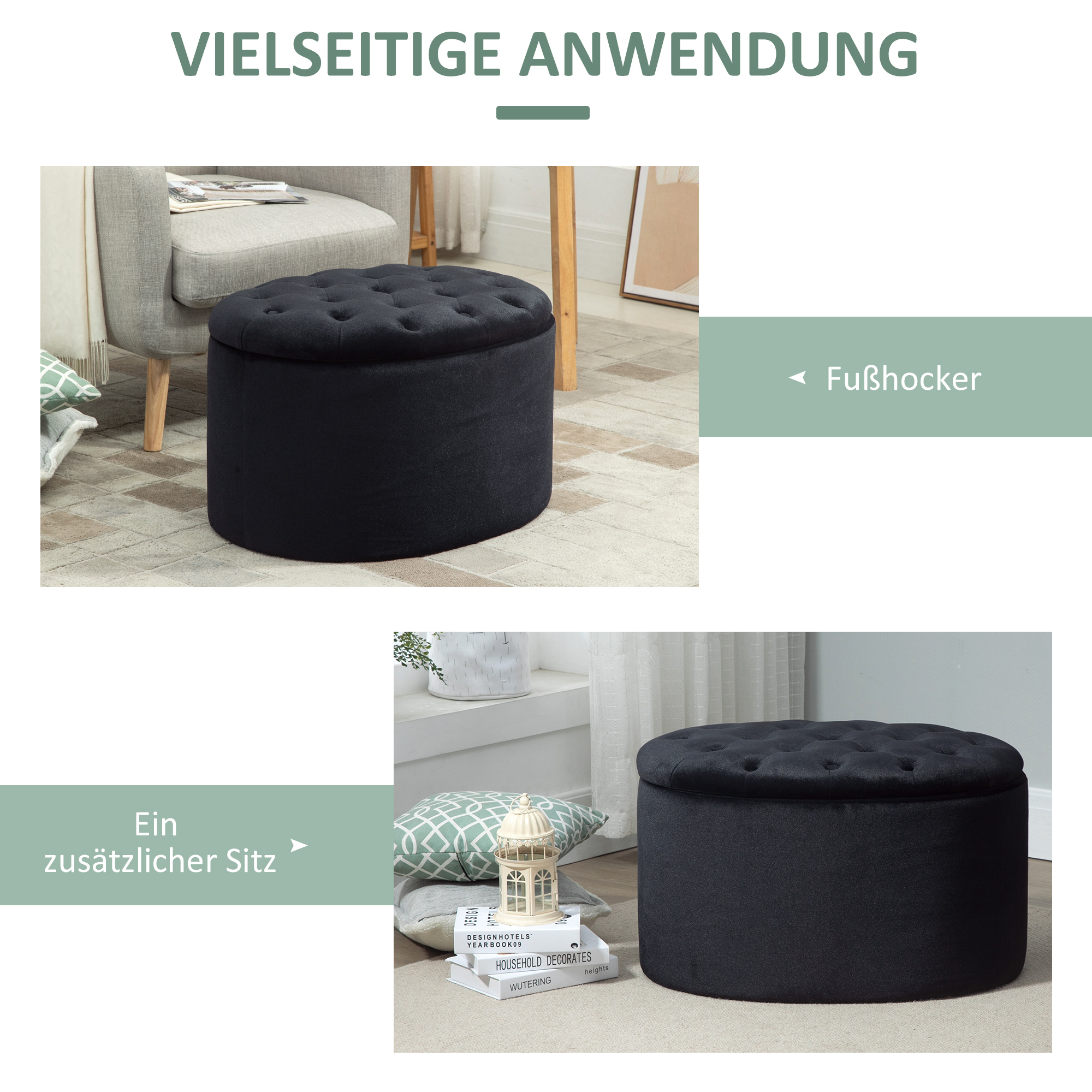 Schwarze Ottoman mit Knopf-Oberseite. Text sagt 'VIELSEITIGE ANWENDUNG' und 'Ein zusätzlicher Sitz'.