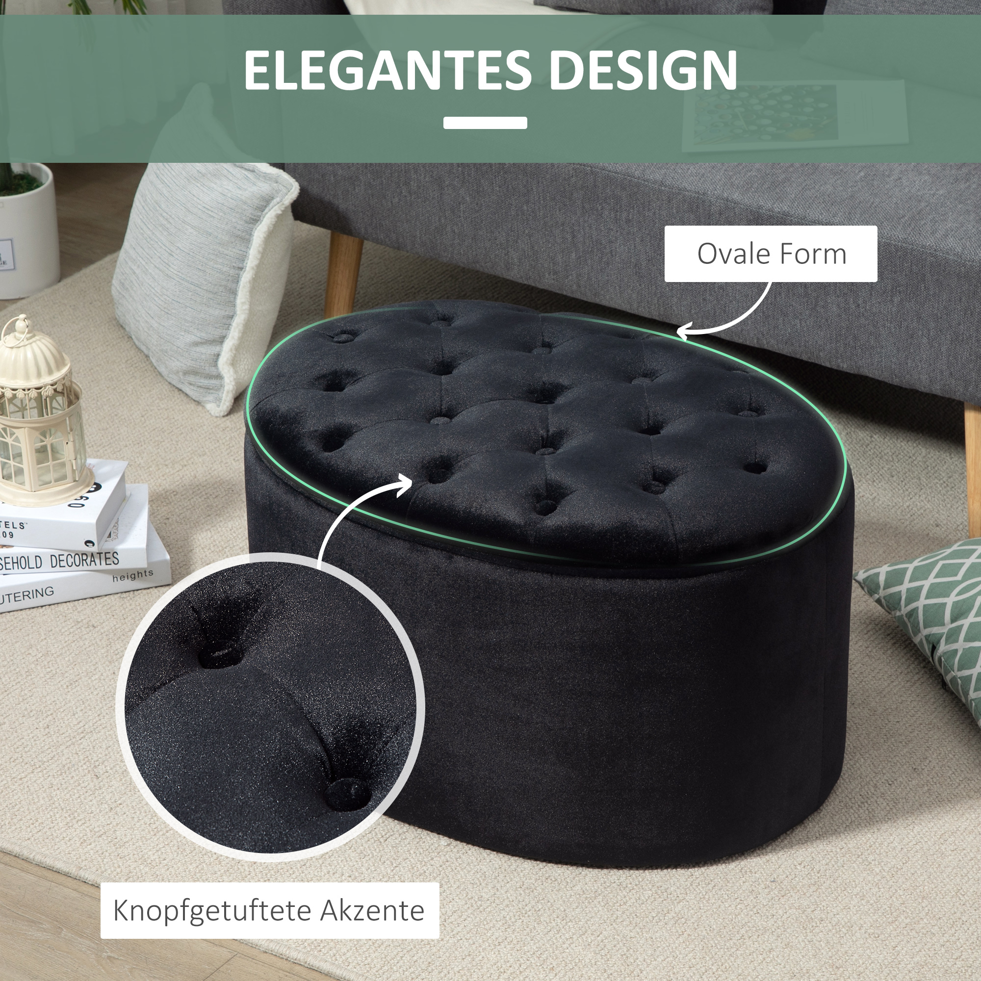 Schwarzer ovaler Hocker mit Knopfakzenten. Eine Nahaufnahme zeigt die Knopfdetails.