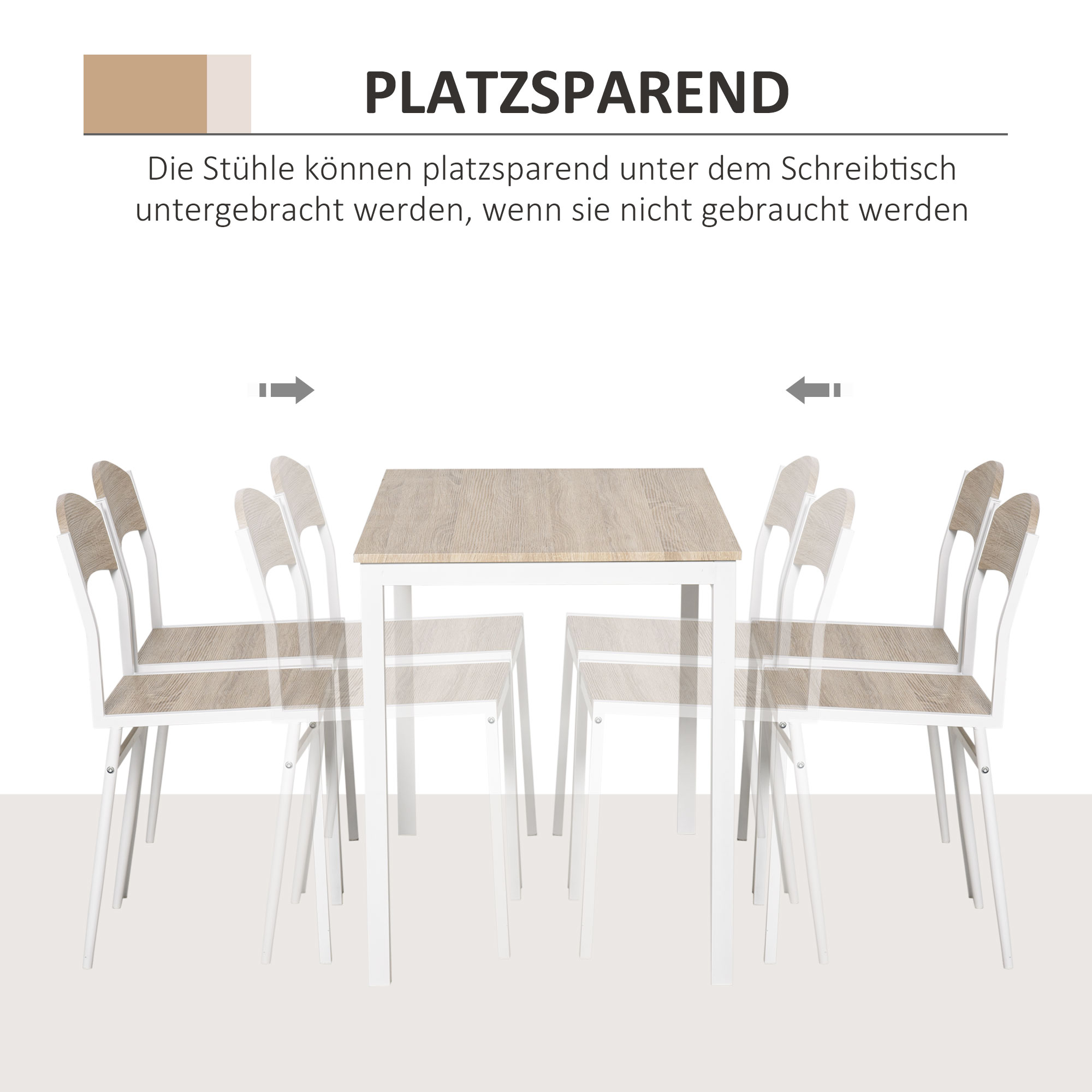 Bild zeigt, wie Stühle unter einem Tisch verstaut werden können, mit transparenten Stühlen.